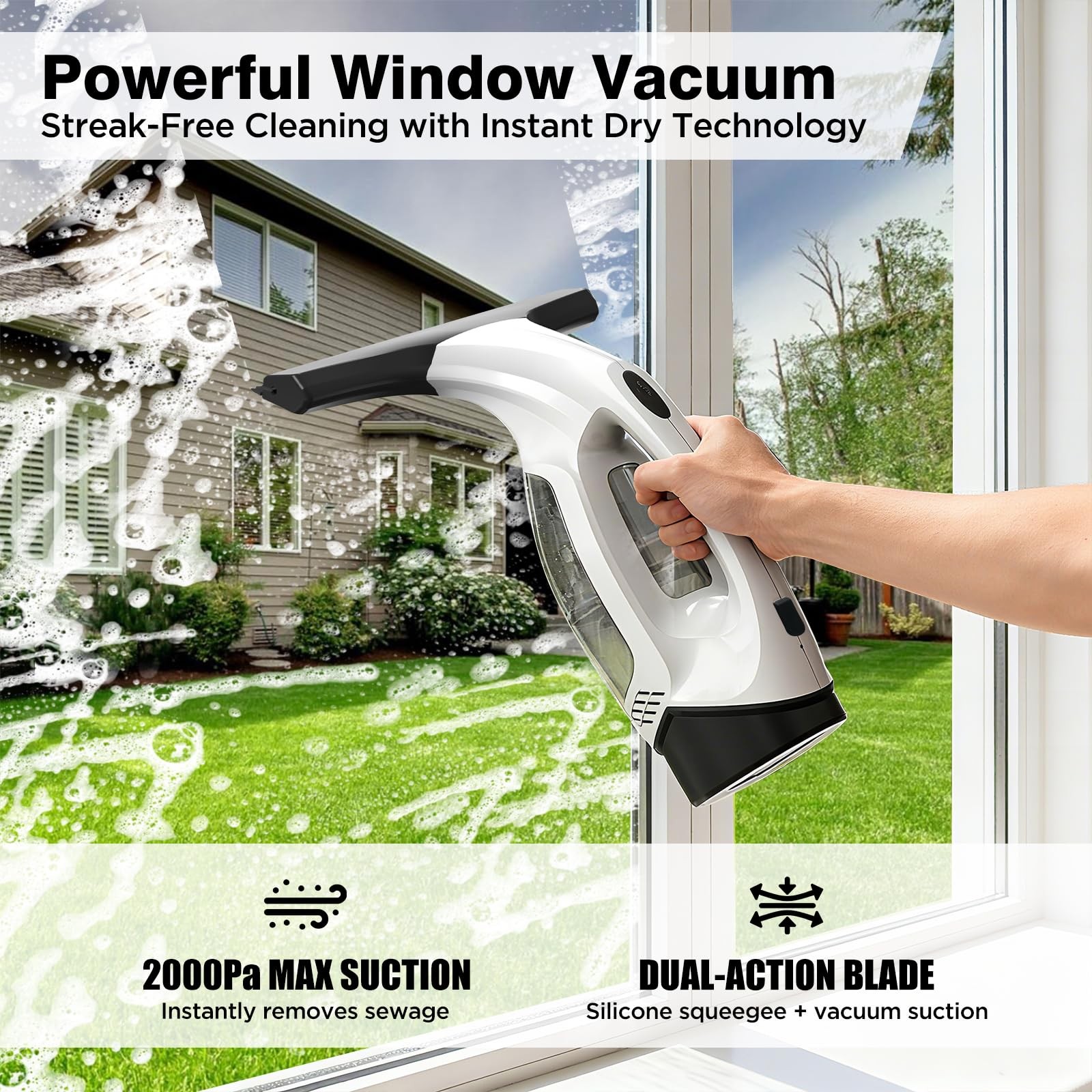 Window Vacuum Squeegee Cordless, 2000Pa Electric Window Cleaner Tool with 220…
