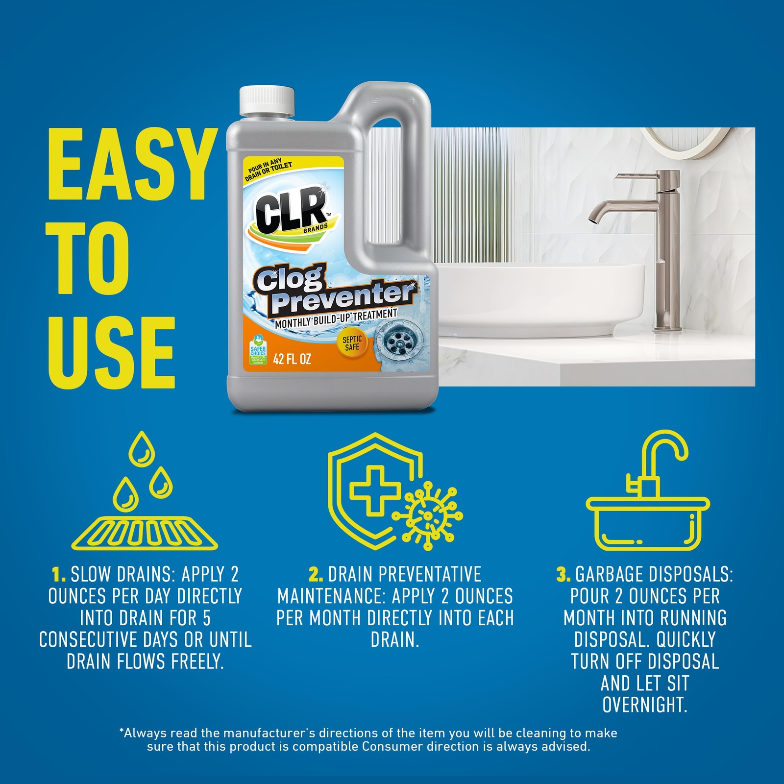 CLR 42 Oz Clog Preventer Drain Opener Safe for Septic Systems Fragrance Free