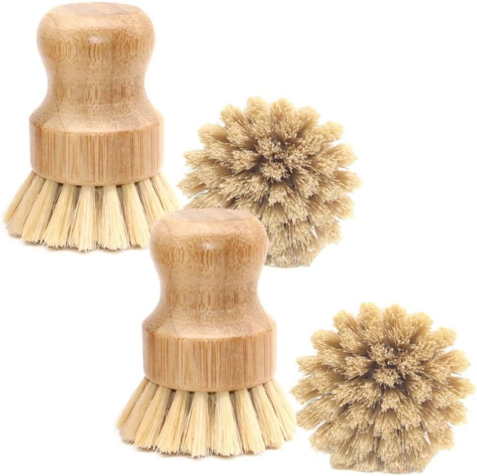 4 Pieces Natural Bamboo Dish Brush Round Dish Scrub for Kitchen Sink Cleaning