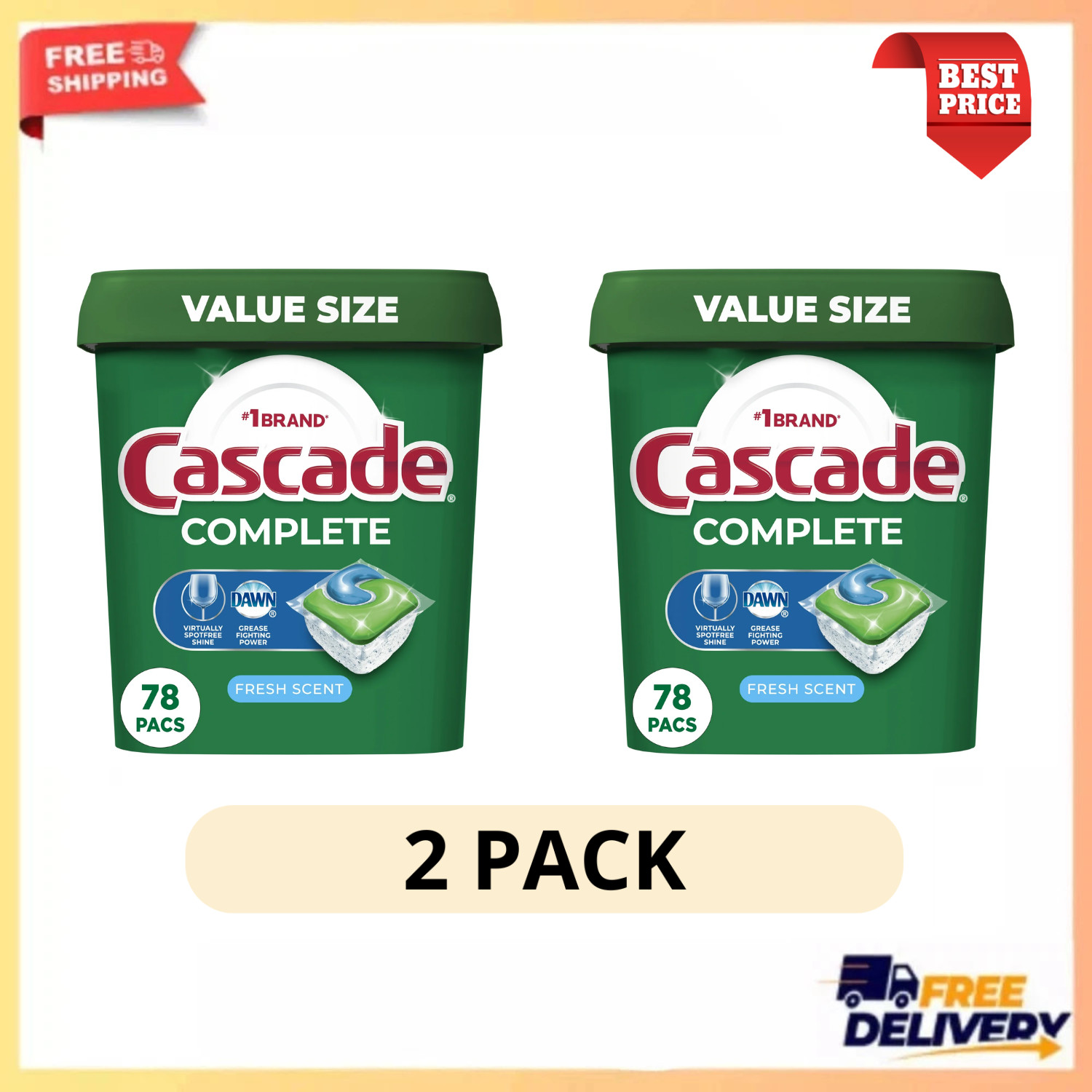 2 Pack Cascade Complete ActionPacs 78 Count Fresh Scent Dishwasher Power