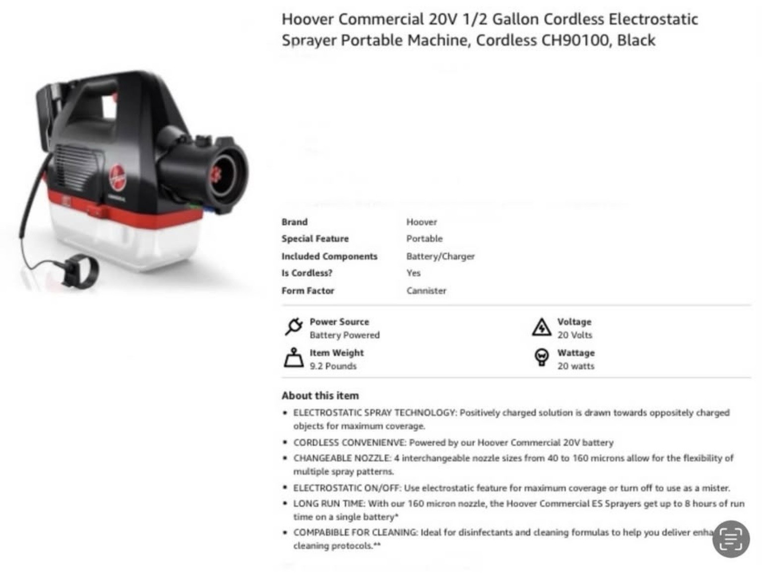 Hoover Commercial Cordless Electrostatic Portable Sprayer 20V/1/2 Gallon New
