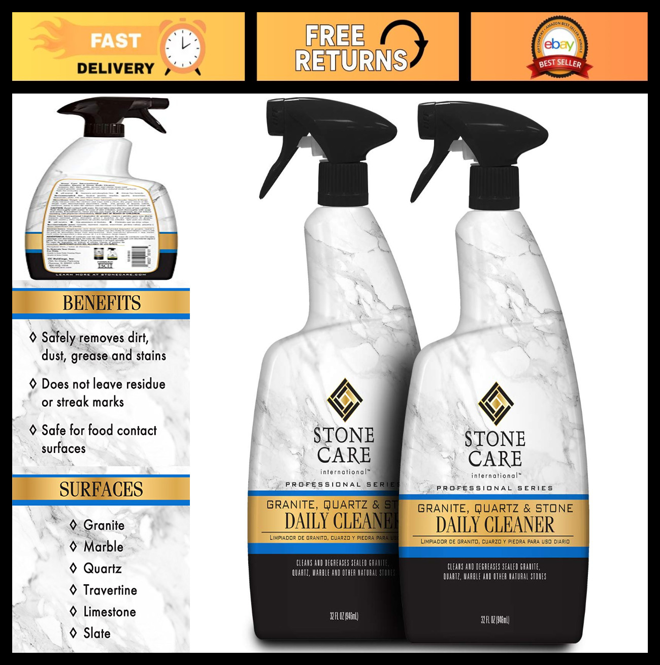 Stone Care International Granite Cleaner – 32 Fluid Ounces (2 Pack) Granite Marb