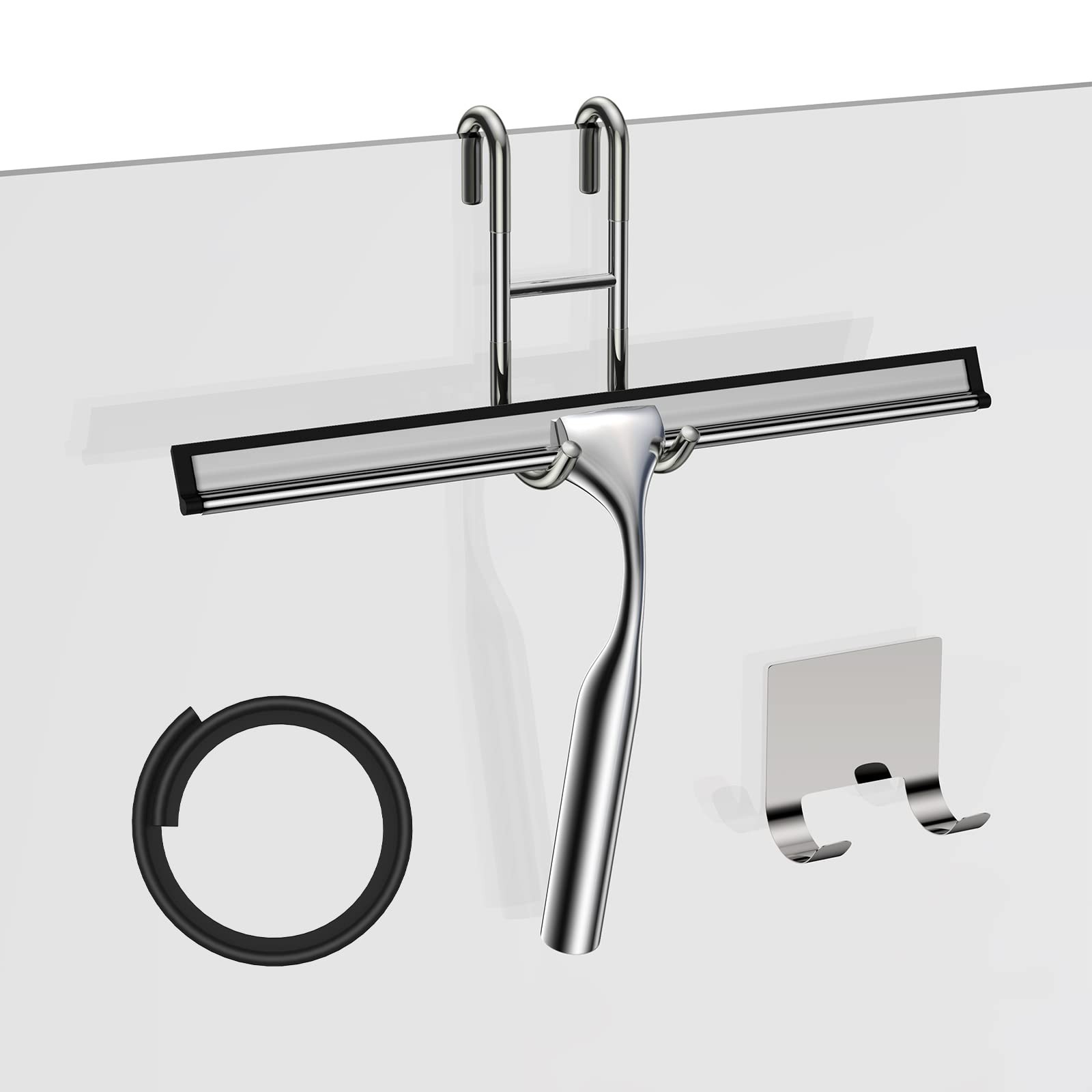 10-Inch Stainless Steel Shower Squeegee with Replacement Blade & Hooks Holder