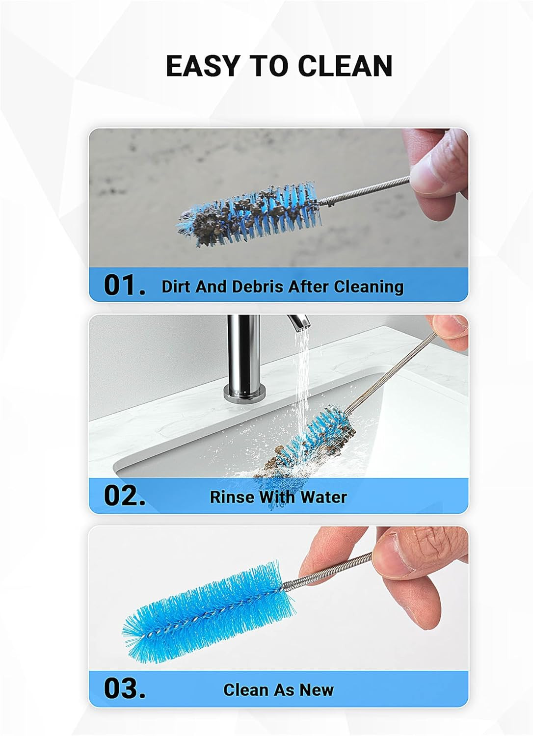 Flexible Long Drain Brush Tool with Large Double Elastic Nylon Ends, Stainless S