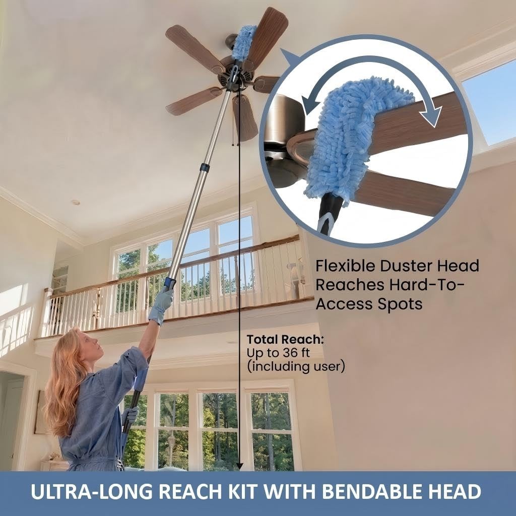 36ft High Ceiling Duster Kit – Heavy Duty Extension Pole, Fan Blade Cleaner & Co