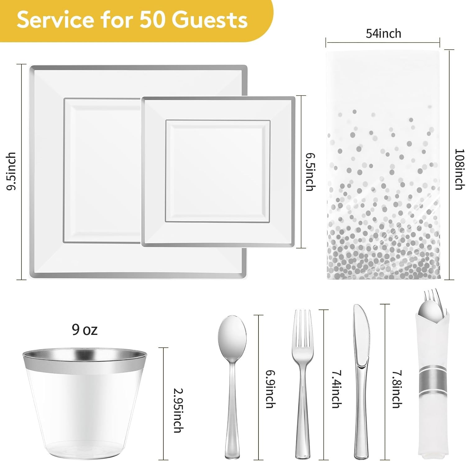 Goodluck 352 Pieces Silver Dinnerware Set for 50 Guests, Square Plastic Plates