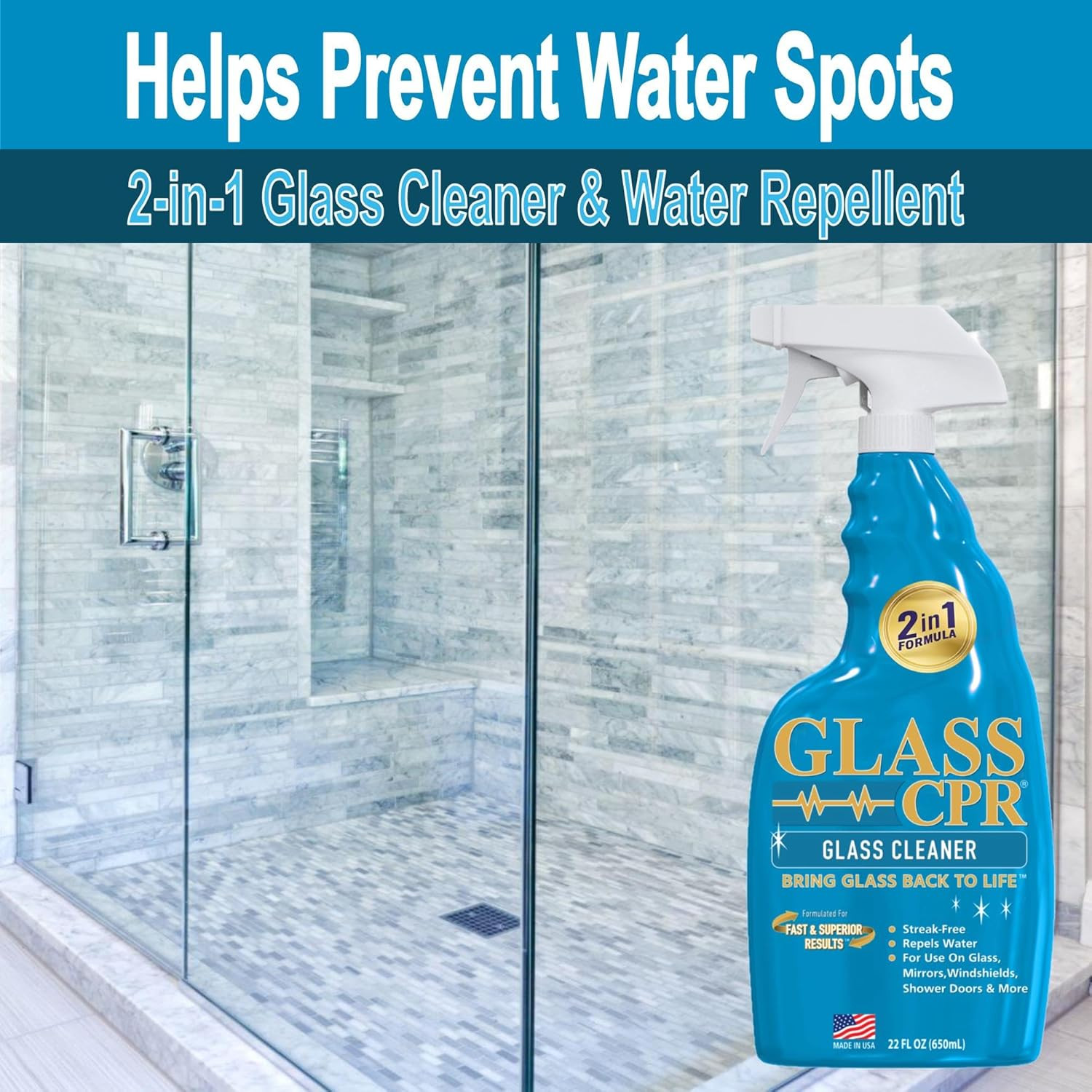 Glass CPR 2-In-1 Glass Cleaner and Water Repellent, 22 Oz Spray plus 2 Microfibe