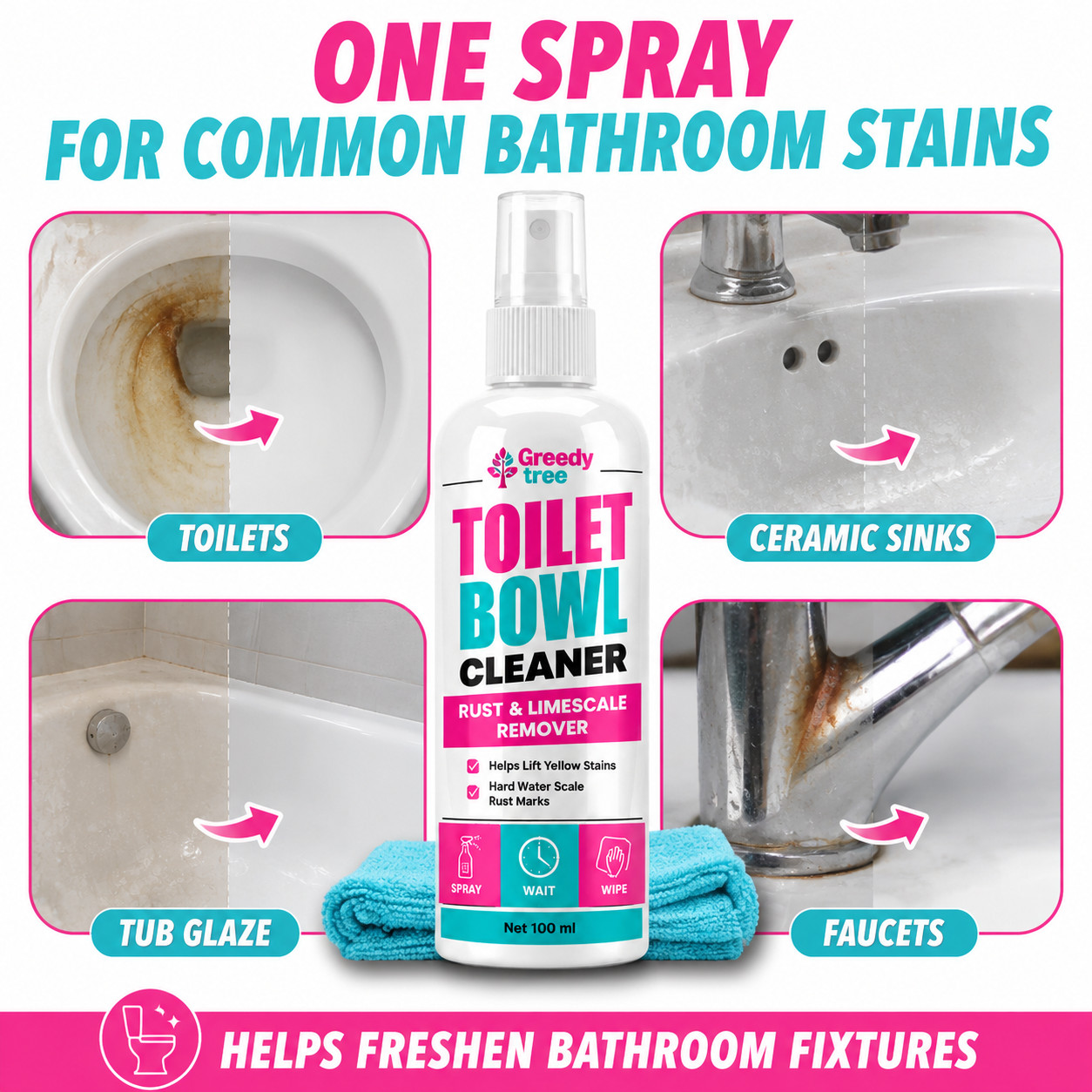 Small Bathroom Cleaning Spray for Toilet Sink Tub and Faucet Stains