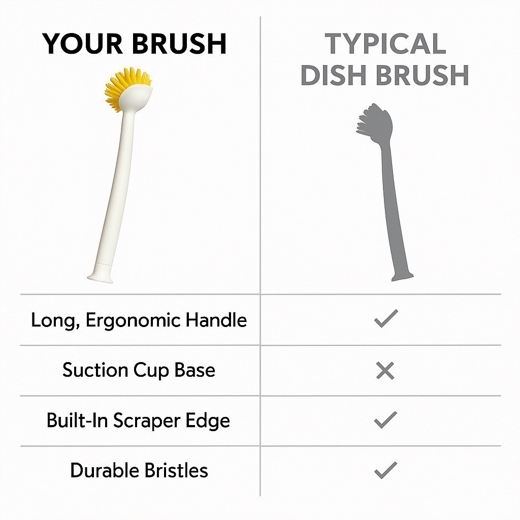 3-Pack Long Handle Dish Brush w/ Scraper & Suction Base – Kitchen Scrub Brush