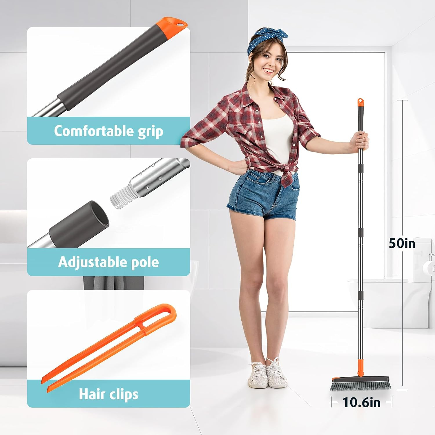 Grout Brush with Long Handle 180° Swivel Scrub Brush with Tweezers to Hair Clip