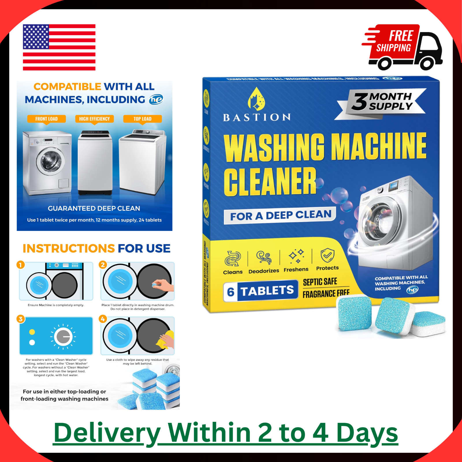 Bastion Washing Machine Cleaner, Deodorizer & Descaler 6-Pack