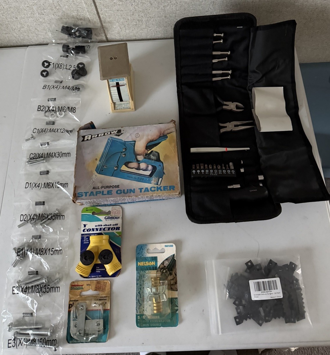 Big Lot Of House Hold Stuff 8 Items One Vintage Staple Hammer , New Bolts.