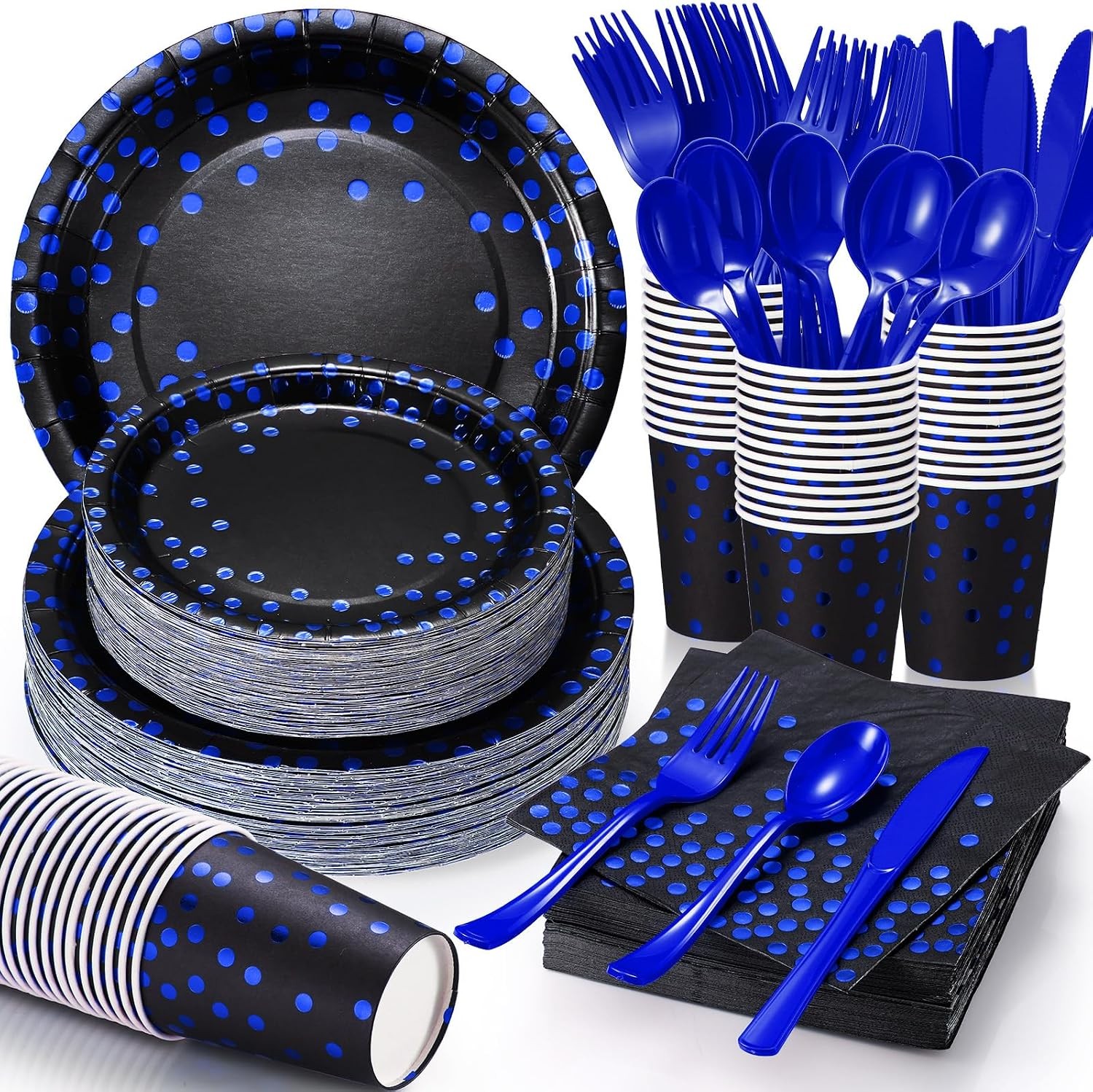 Sieral 560 Pcs Blue and Black Paper Plates Party Tableware Set Serve 80 Includ