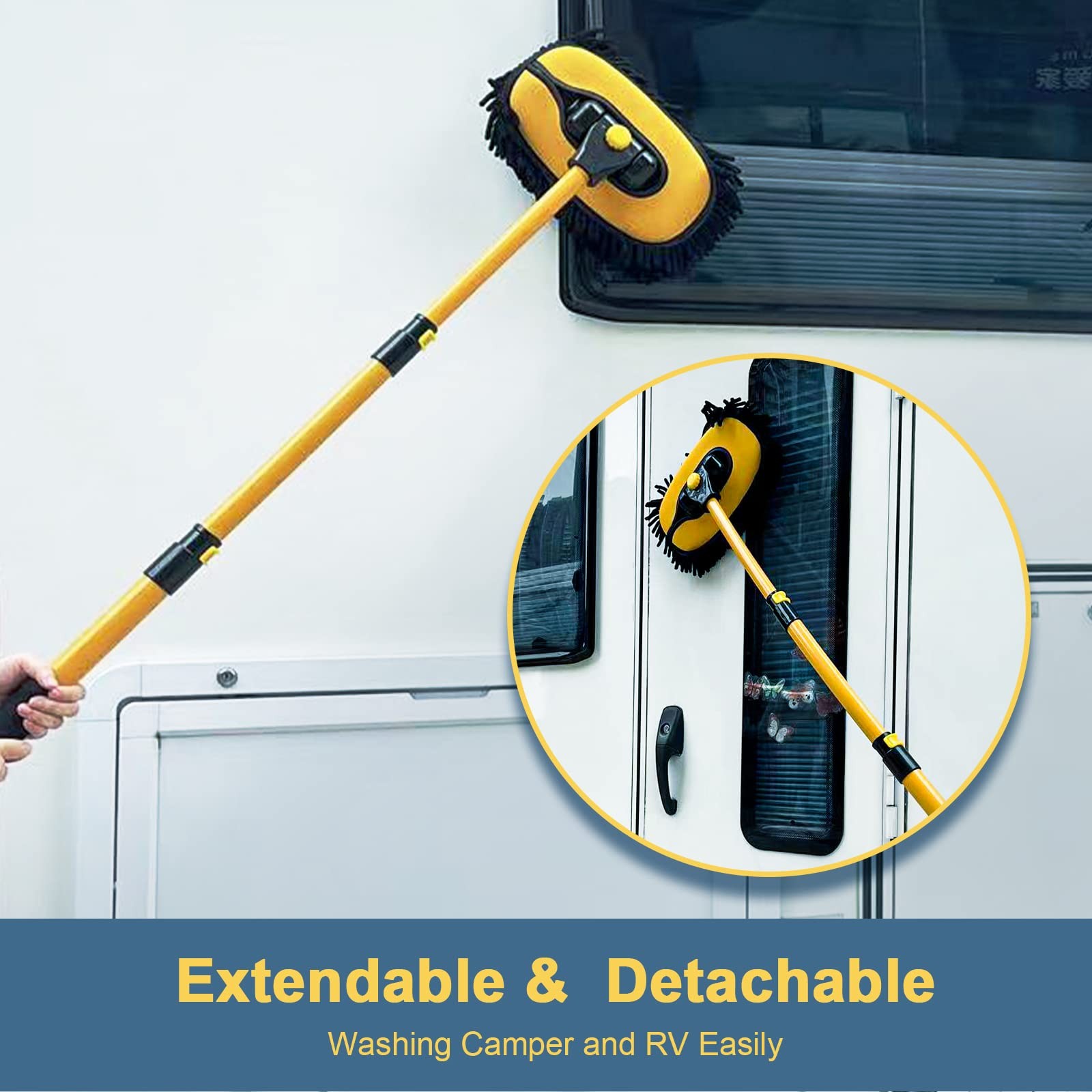Car Wash Brush with Long Handle, Microfiber Mop & Replaceable Chenille Head