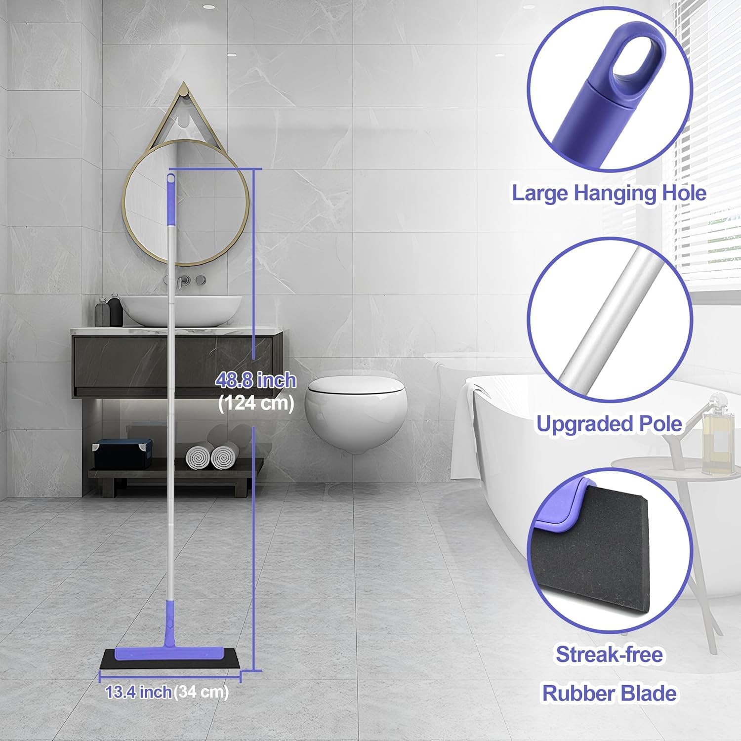 Floor Squeegee with 180° Rotating Head, EVA Foam Blade Squeegee for Floor with