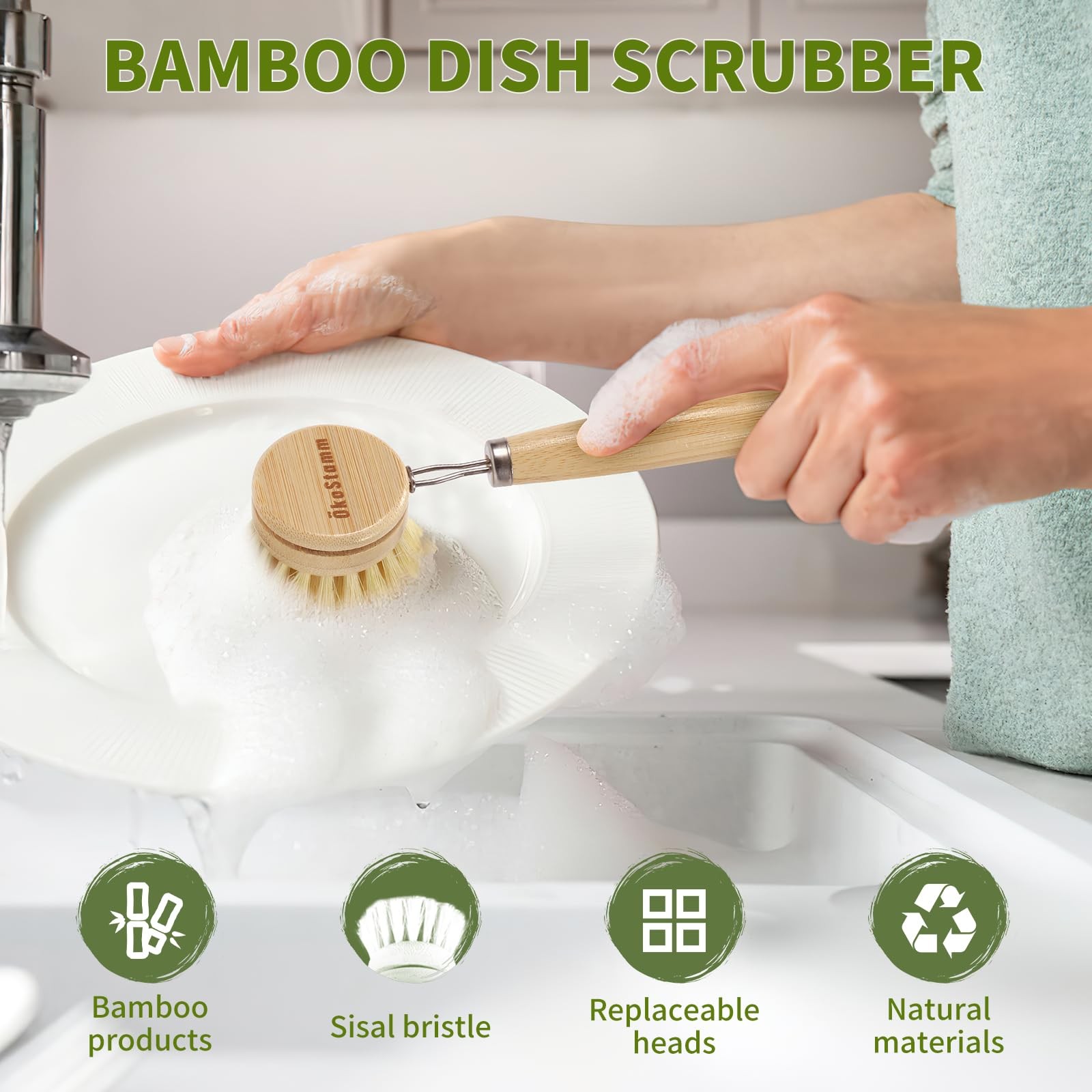 ÖkoStamm Bamboo Dish Brush with Long Handle – Natural Dish Scrubber Brush Set…