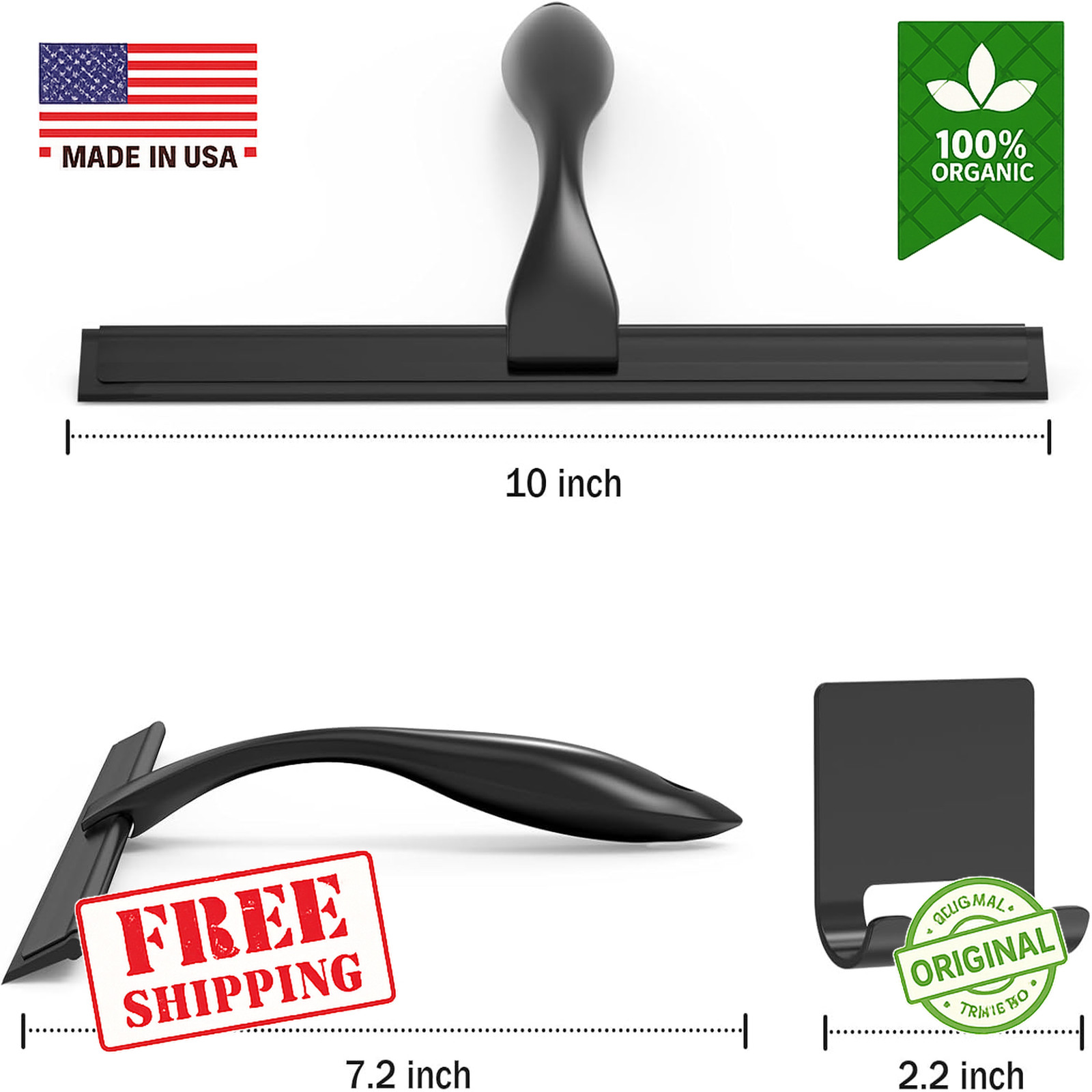 10in Stainless Steel Shower Squeegee Glass Window Cleaner w/ Hook Black