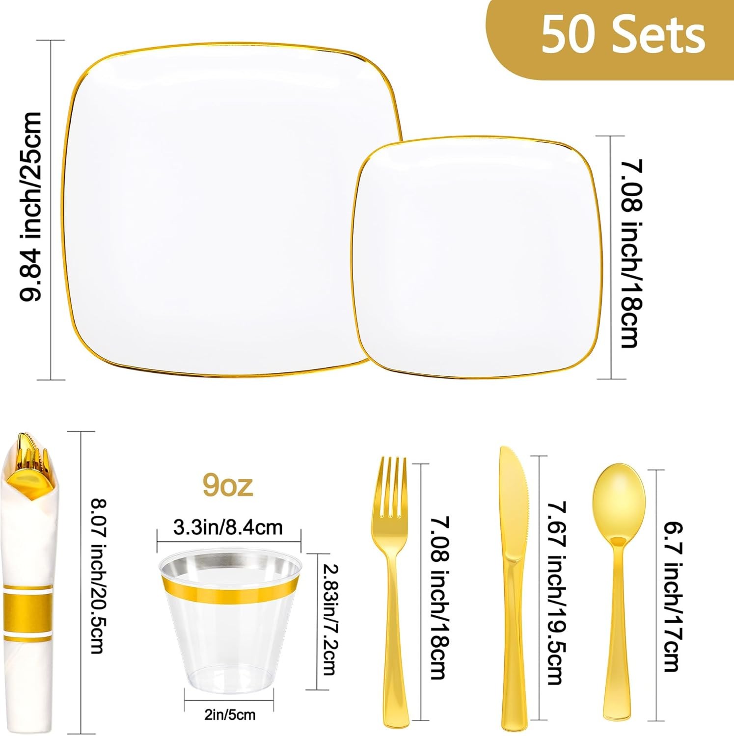 Sylans 350PCS Square Disposable Dinnerware Set for 50 Guests, Gold Plastic Pla