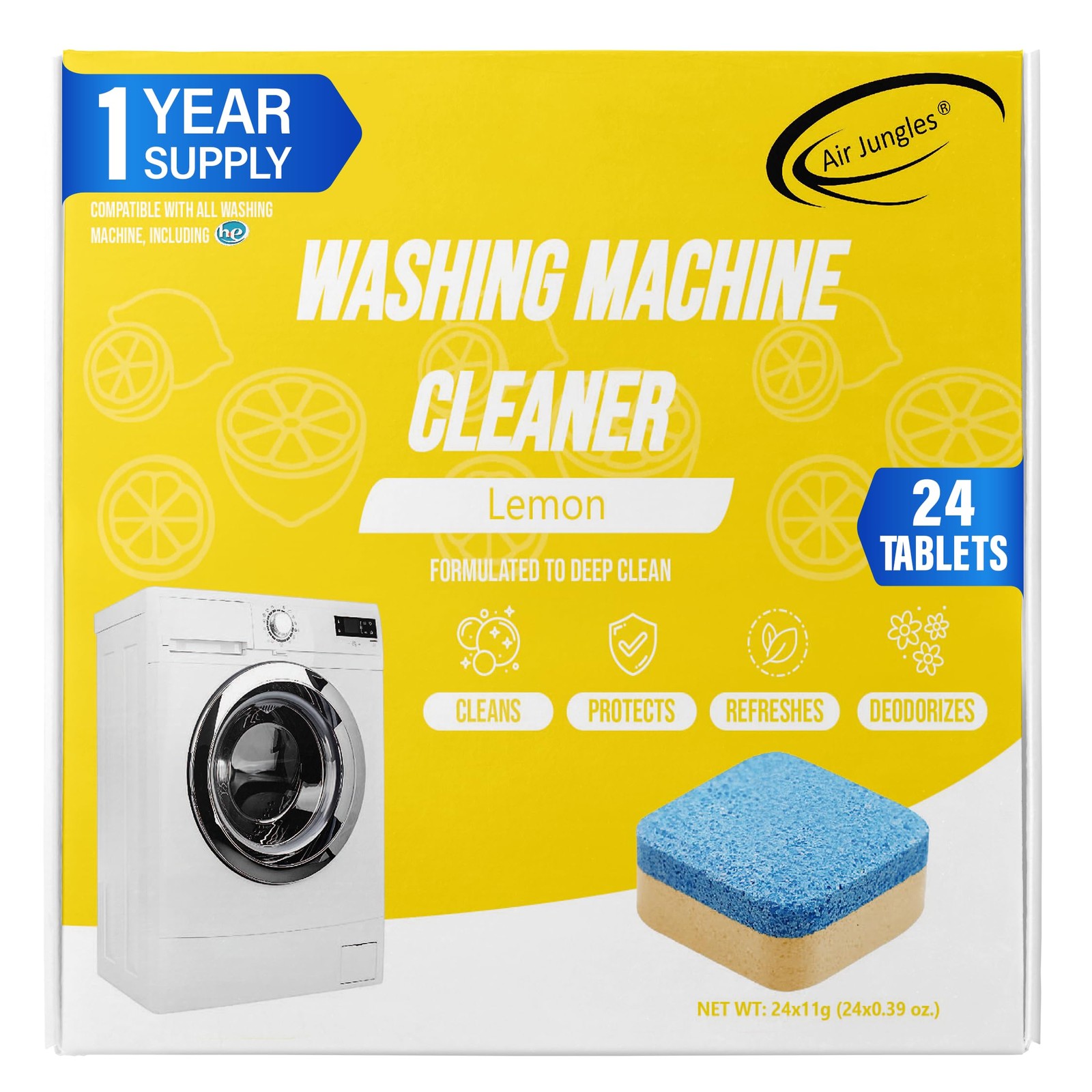Washing Machine Cleaner Tablets 24 Count, Lemon Scent, Deep Cleaning, Dirt Re…