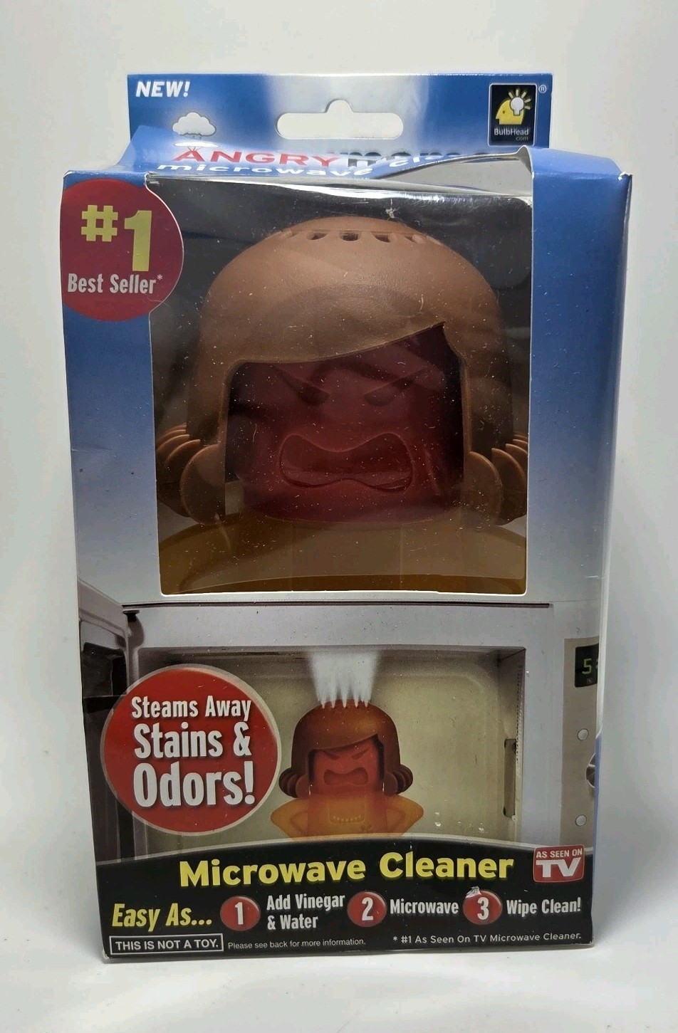 NIB Bulbhead Angry Mama Microwave Cleaner Steams Away Stains Odors Red/Yellow
