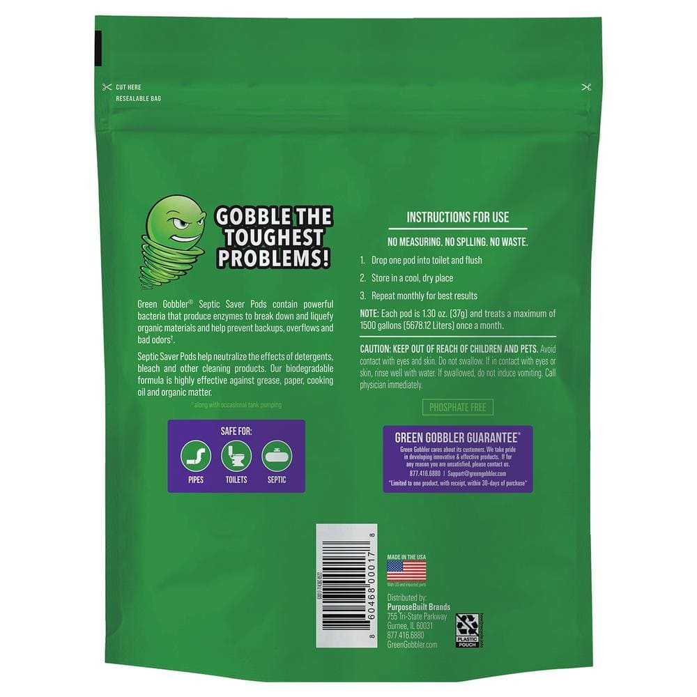 Green Gobbler Septic Saver Bacteria Enzyme Pacs | 6 Month Septic Tank Supply |