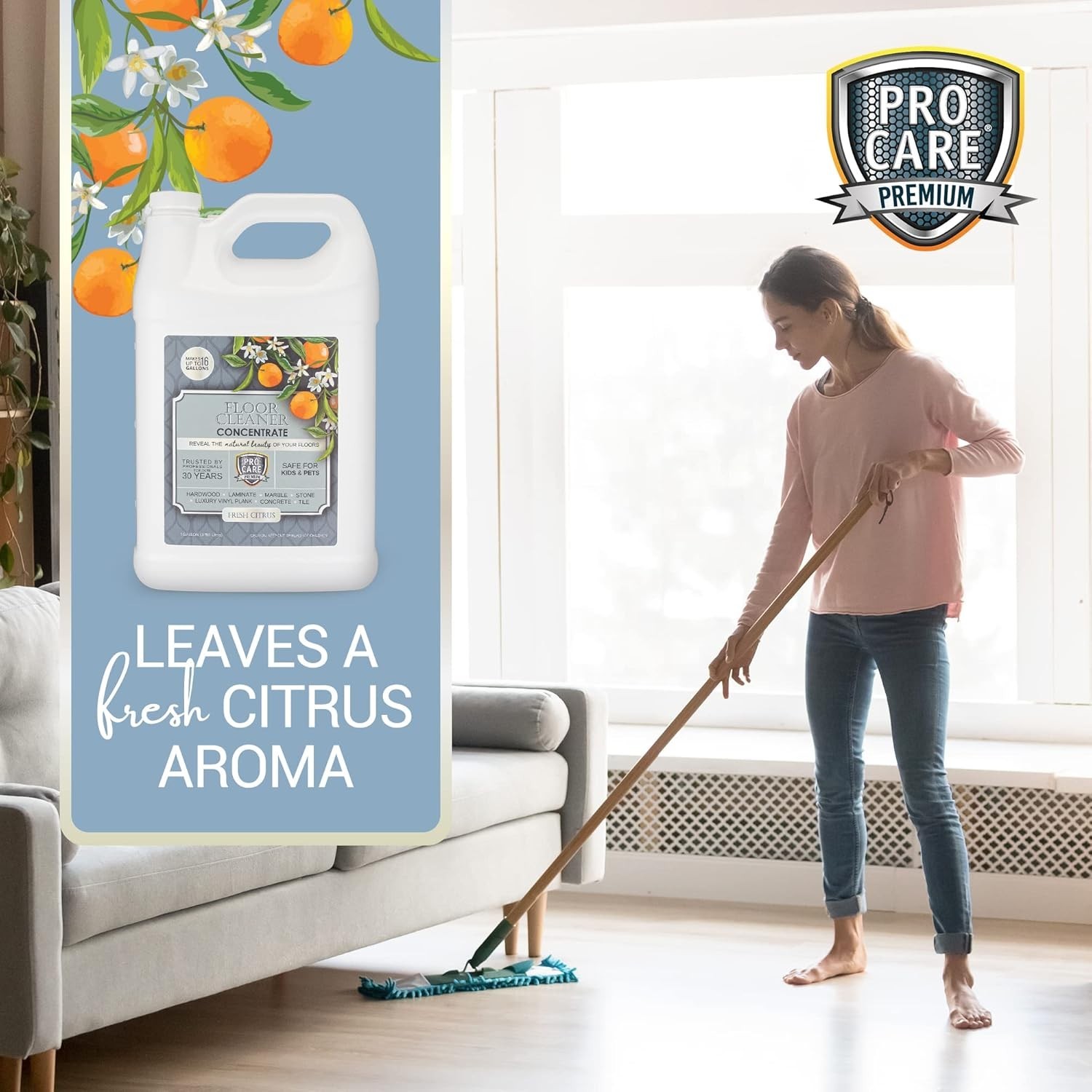 Powerful Citrus Floor Cleaner Concentrate – 128 Fl Oz, Natural Scent, No Residue