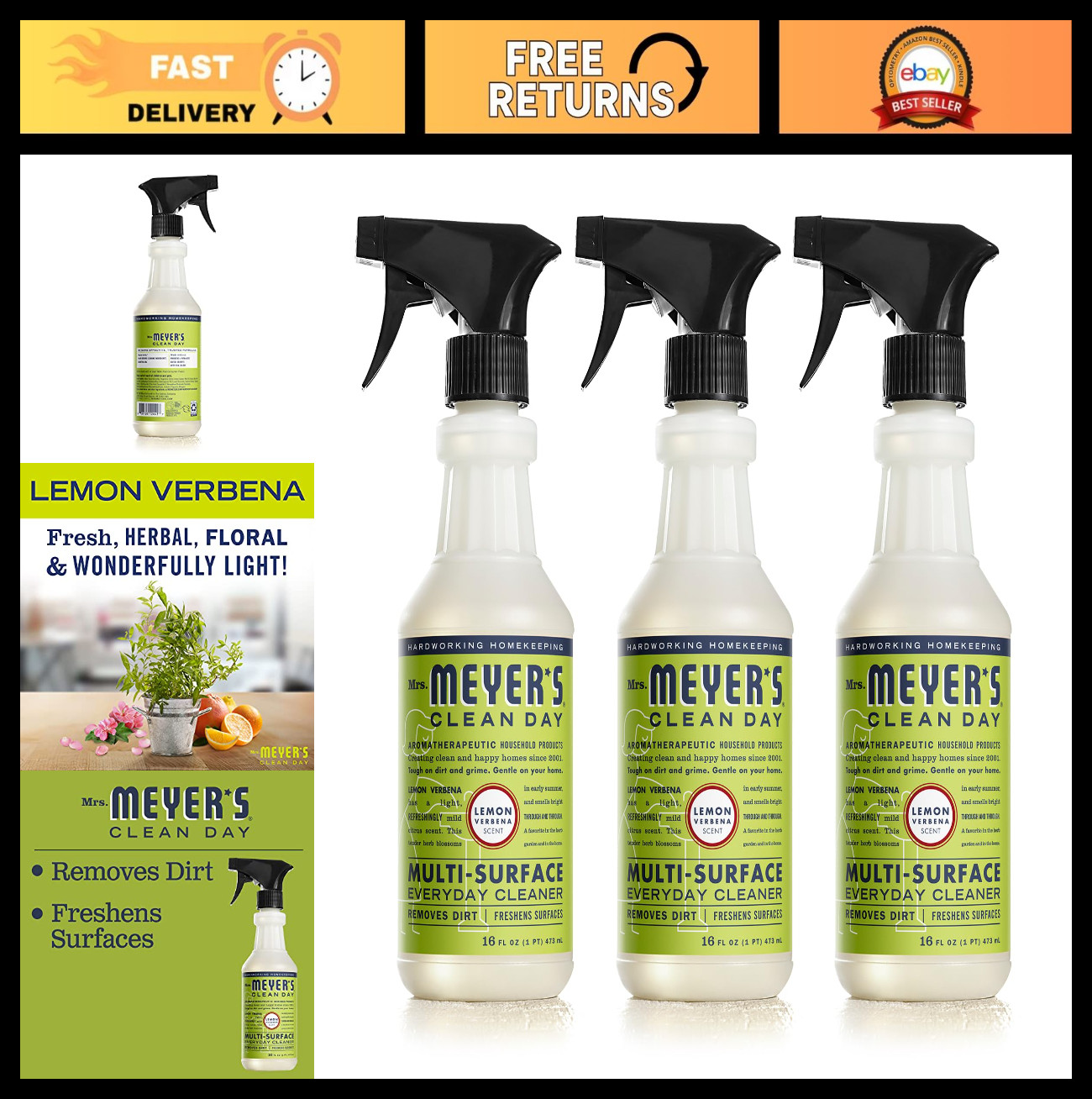 All-Purpose Cleaner Spray, Cruelty-Free, Lemon Verbena Scent, 16 oz – 3 Pack