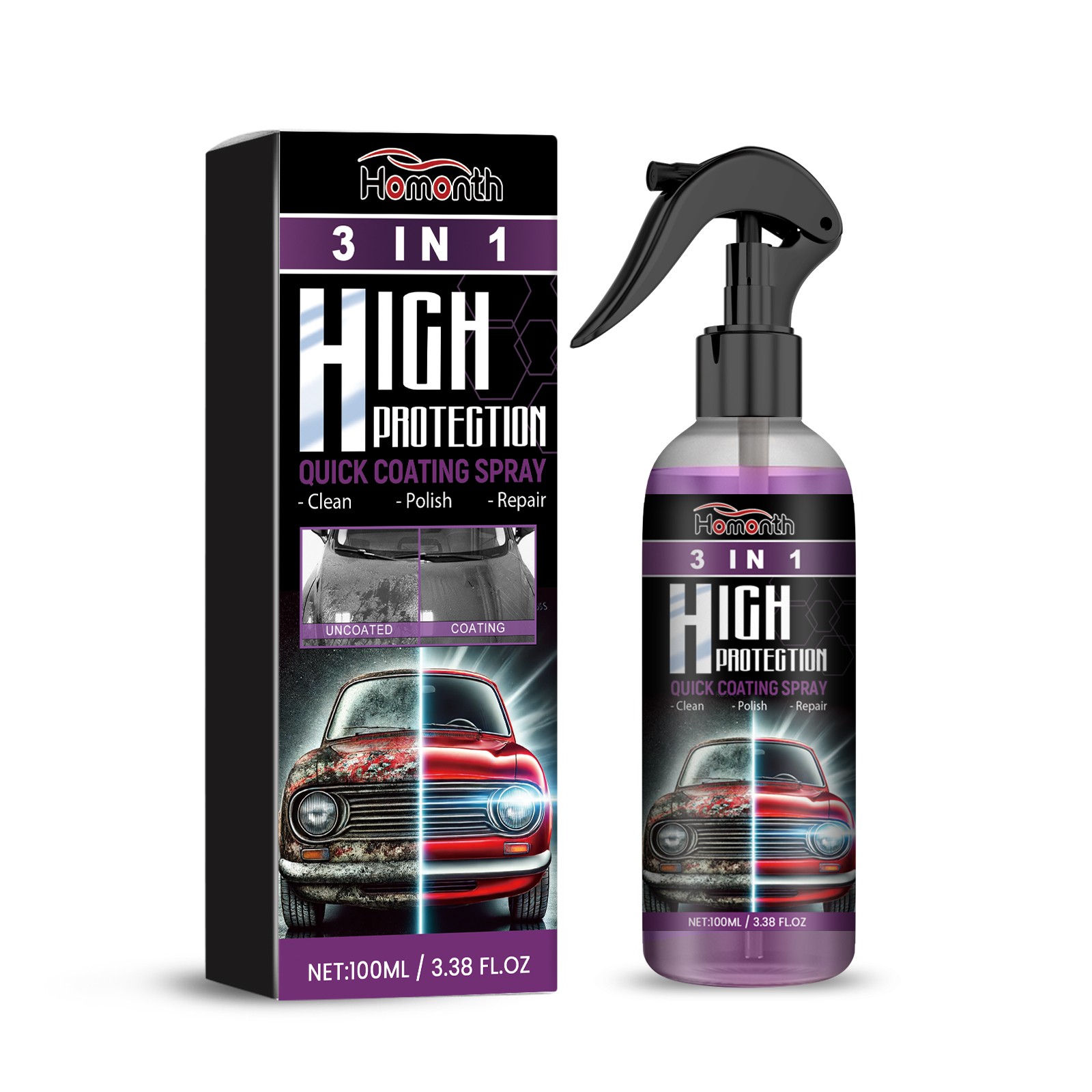 3-in-1 Ceramic Coating Spray – Hydrophobic Paint Sealant, Gloss Enhancer for Car