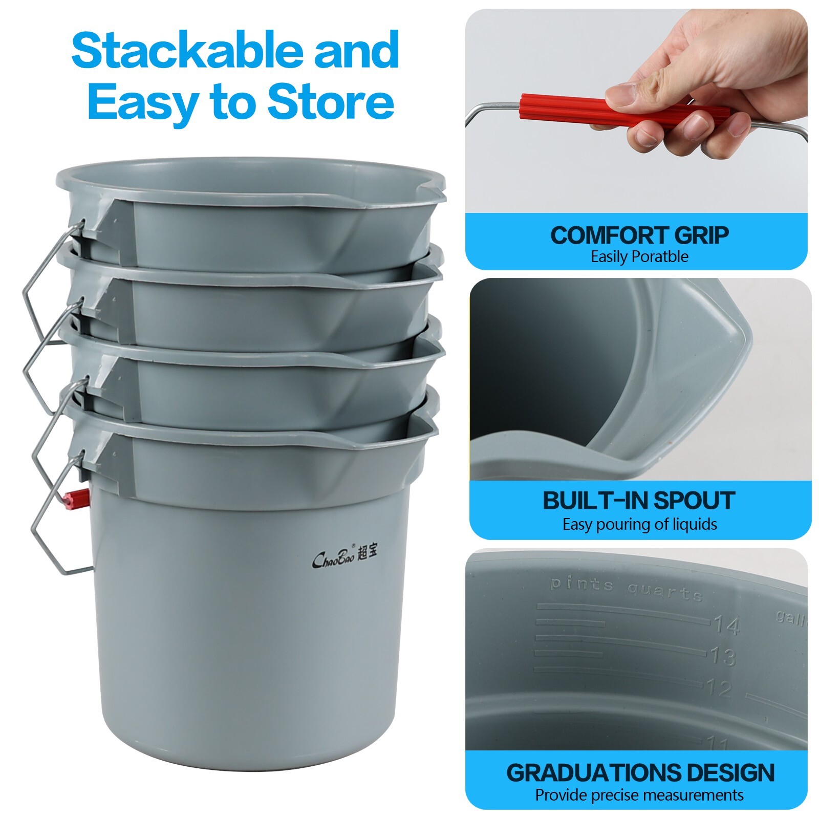 Cand 3.5 Gal Heavy Duty Commercial Plastic Cleaning Bucket Pail w/ Handle, 4Pack