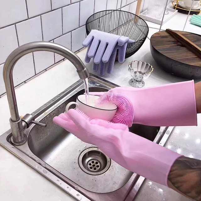 1 Pair Magic Dish Washing Gloves Silicone Scrubbing Glove Cleaning Scrubber Pink