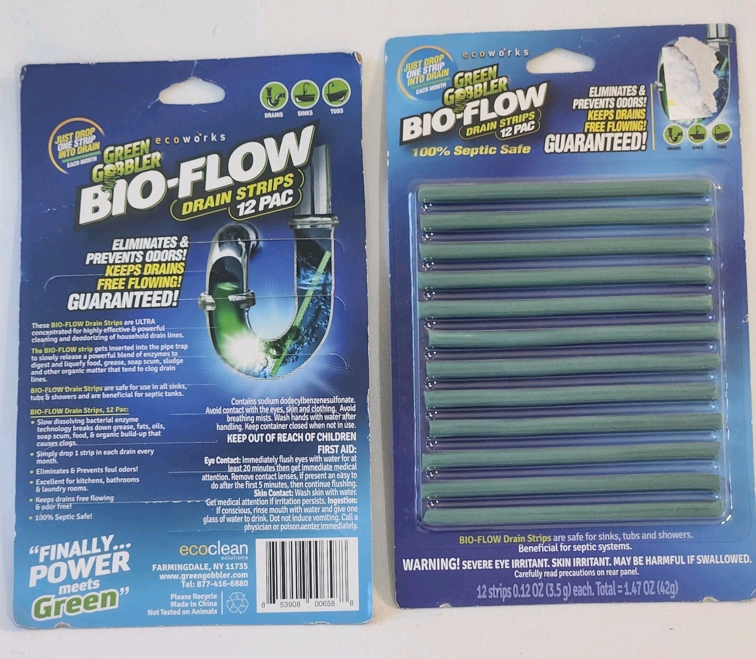 LOT OF 2 Green Gobbler BIO-FLOW Drain Strips Drain Cleaner & Deodorizer