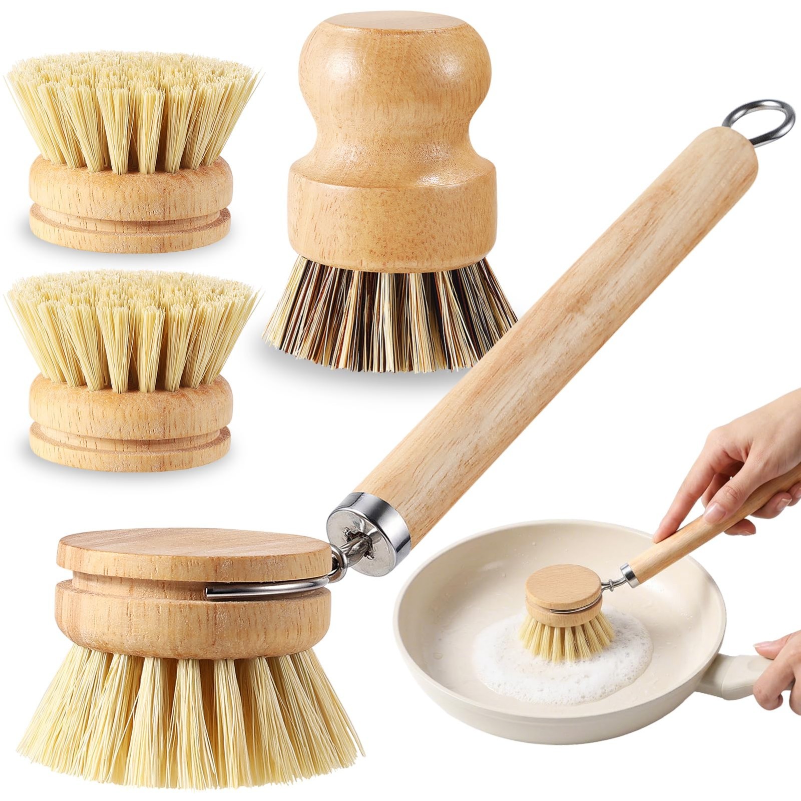 5 Pcs Bamboo Dish Brush Set – Wooden Handle, 3 Replaceable Bristle Heads & Wok S