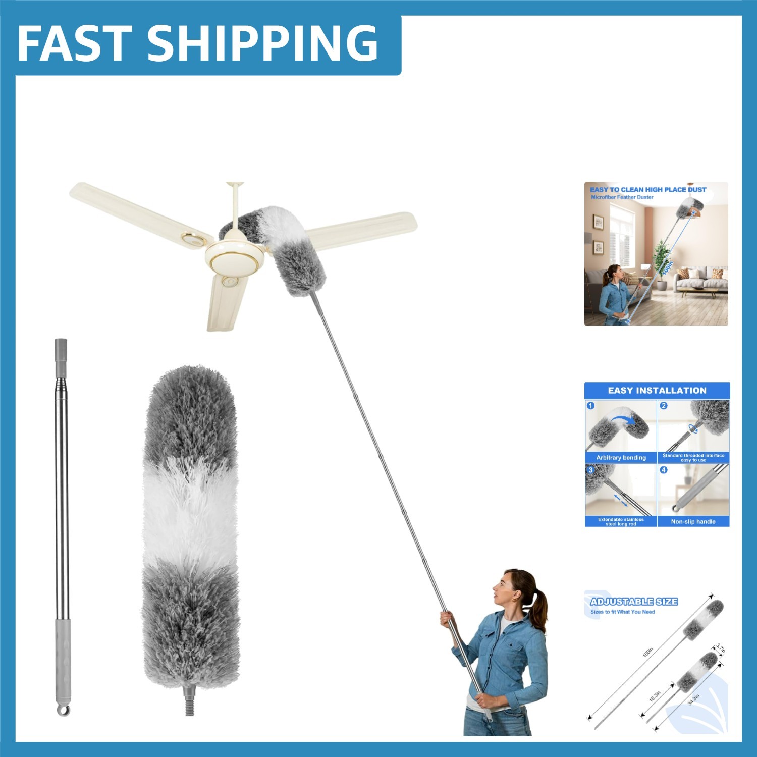 Feather Duster with 100-Inch Extension Pole – Effortless Ceiling Fan Cleaning