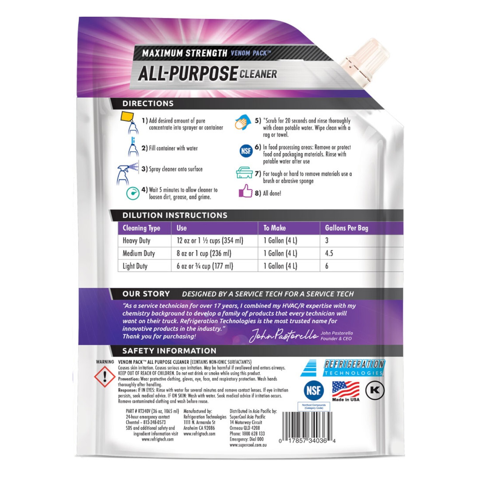 Refrigeration Technologies Venom Pack Non-Toxic All-Purpose Cleaner Pure