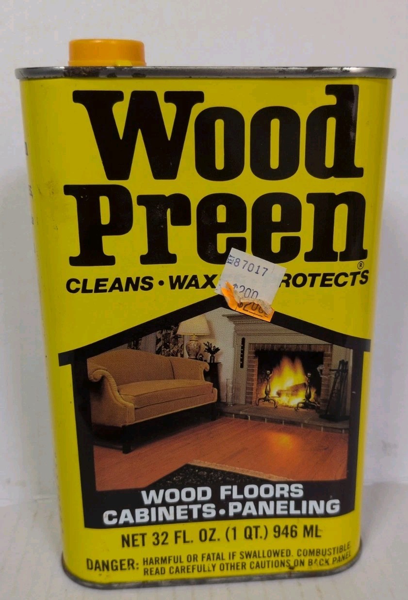 Vtg Wood Preen Floor Cleaner Wax Liquid 32oz 1 QT Discontinued Advertising Tin