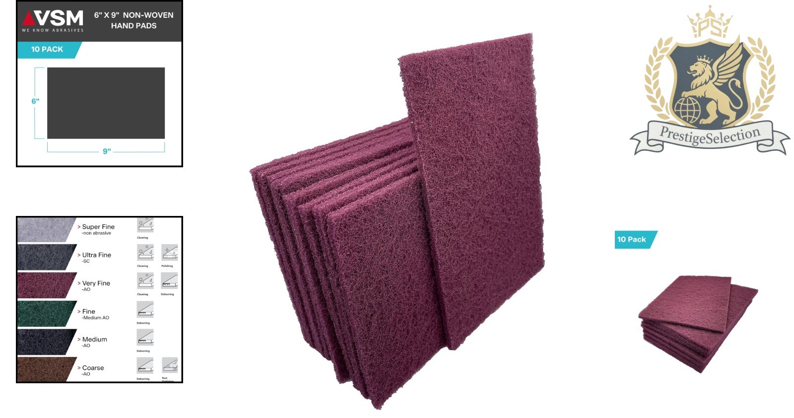 Heavy Duty Non-Woven Abrasive Pads 6″ x 9″ – Very Fine Aluminum Oxide, Set of 10