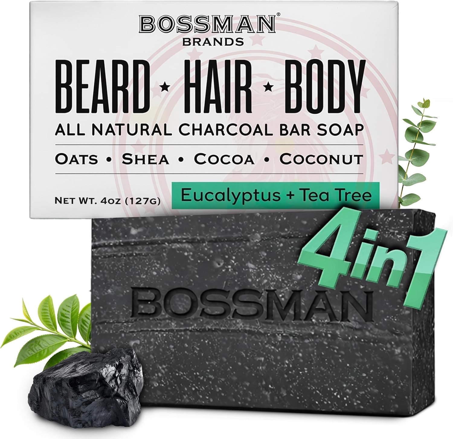 4-in-1 Charcoal Soap Bar (4 oz) – Bar Soap for Men – Beard Wash, Shampoo, Body