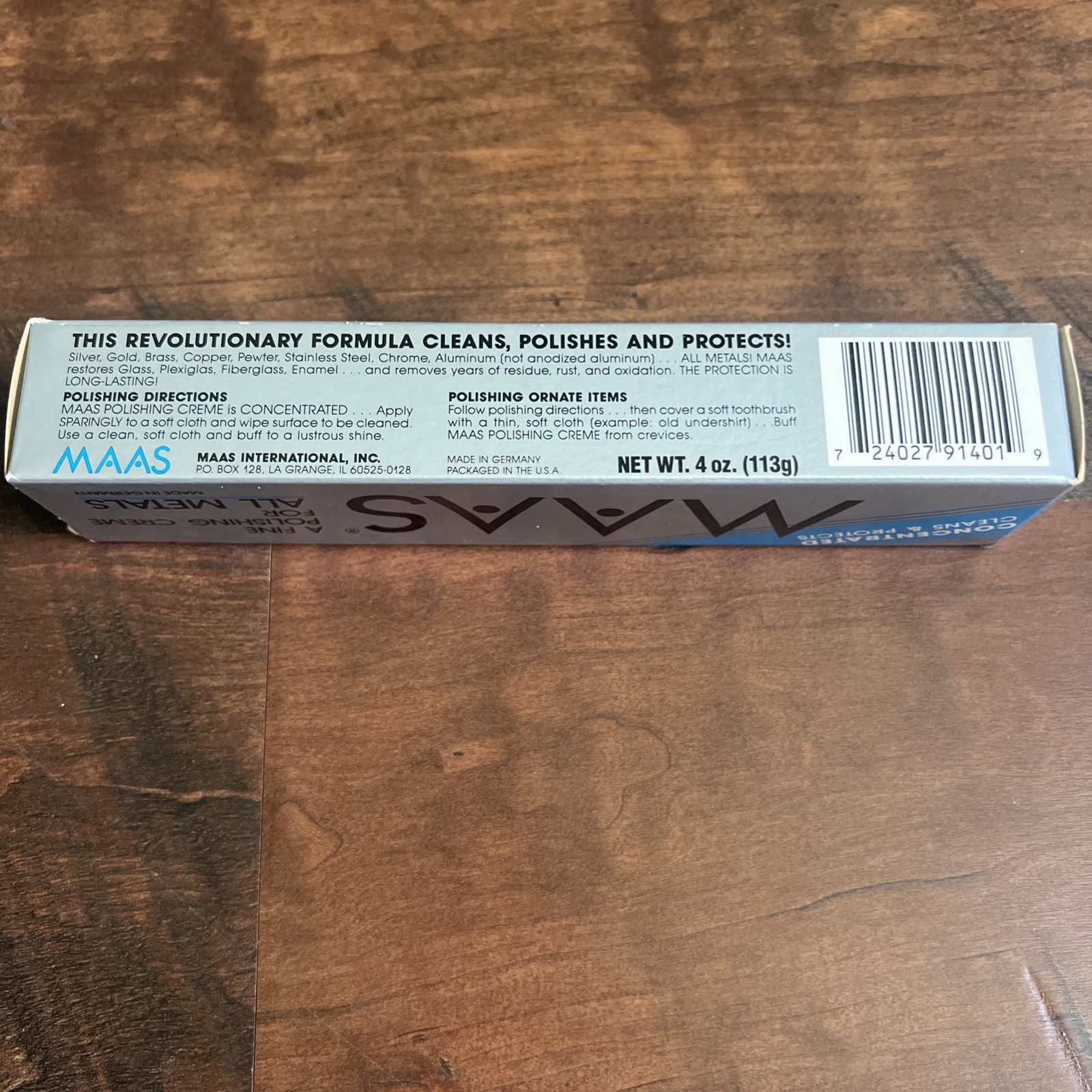 MAAS Metal Polish Cream 4 oz Tube New in Box Cleans Protects Silver Brass Chrome