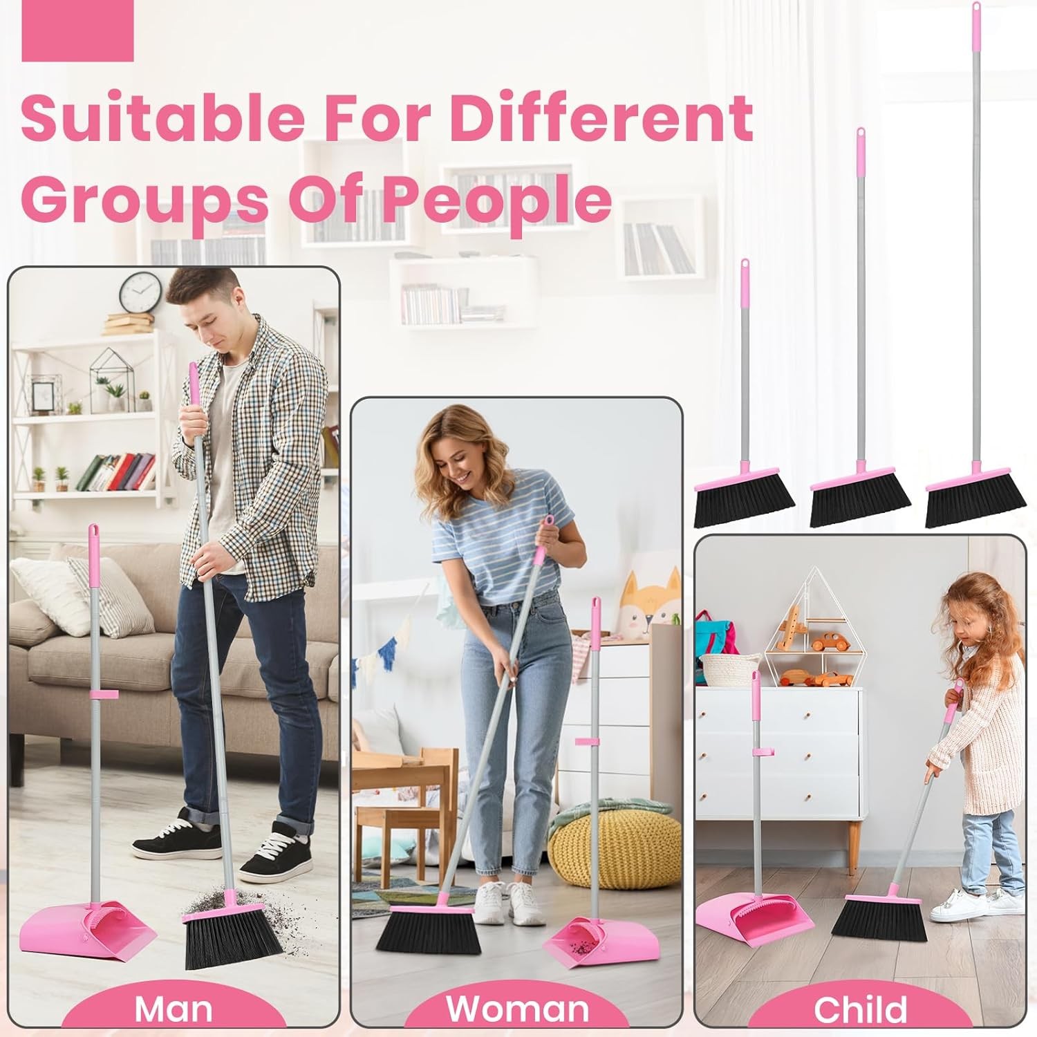 Pink Broom and Dustpan Set, 58” Long Adjustable Handle Small Broom