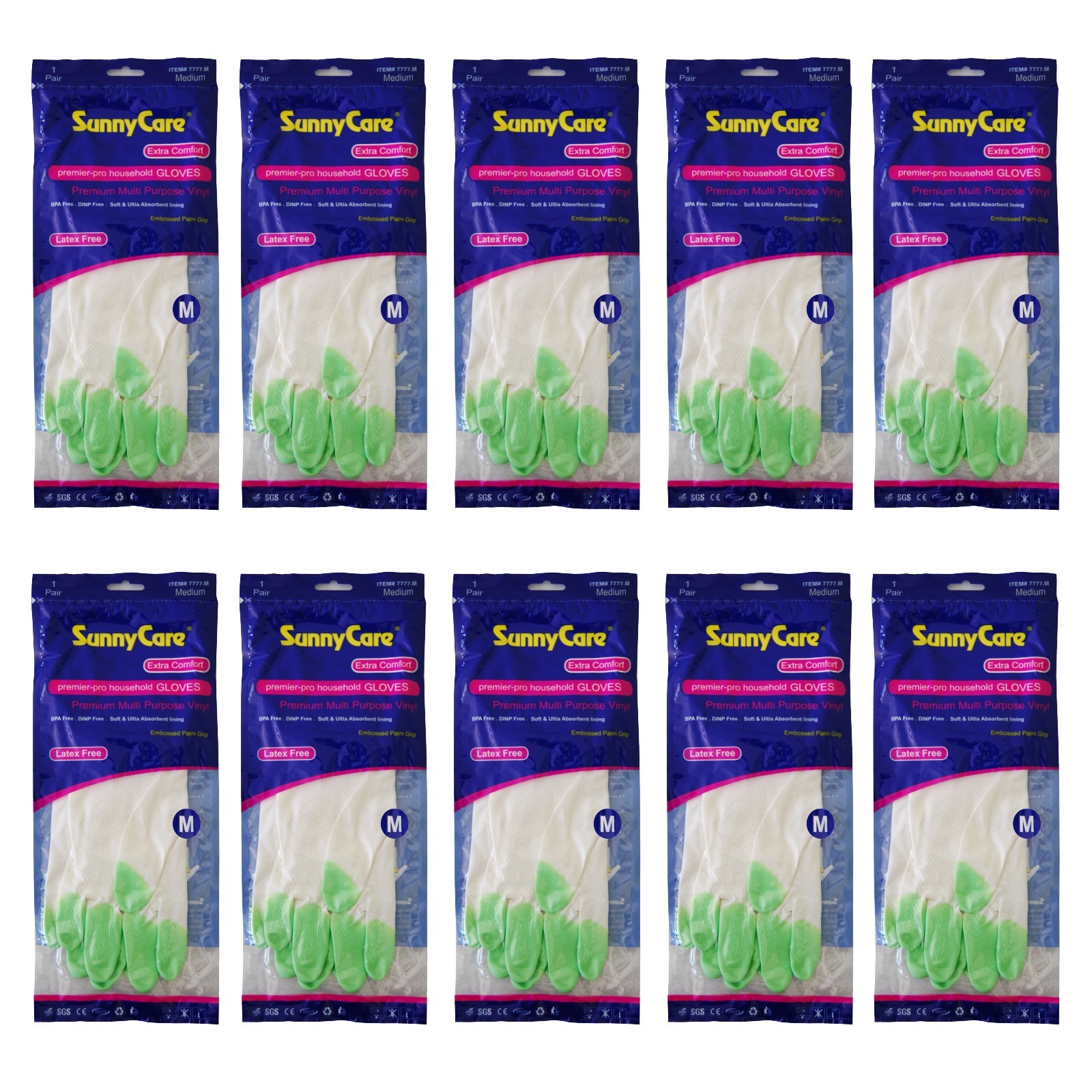 10Pairs SunnyCare Heavy Duty Household Cleaning Vinyl Gloves 13” M (Latex Free)