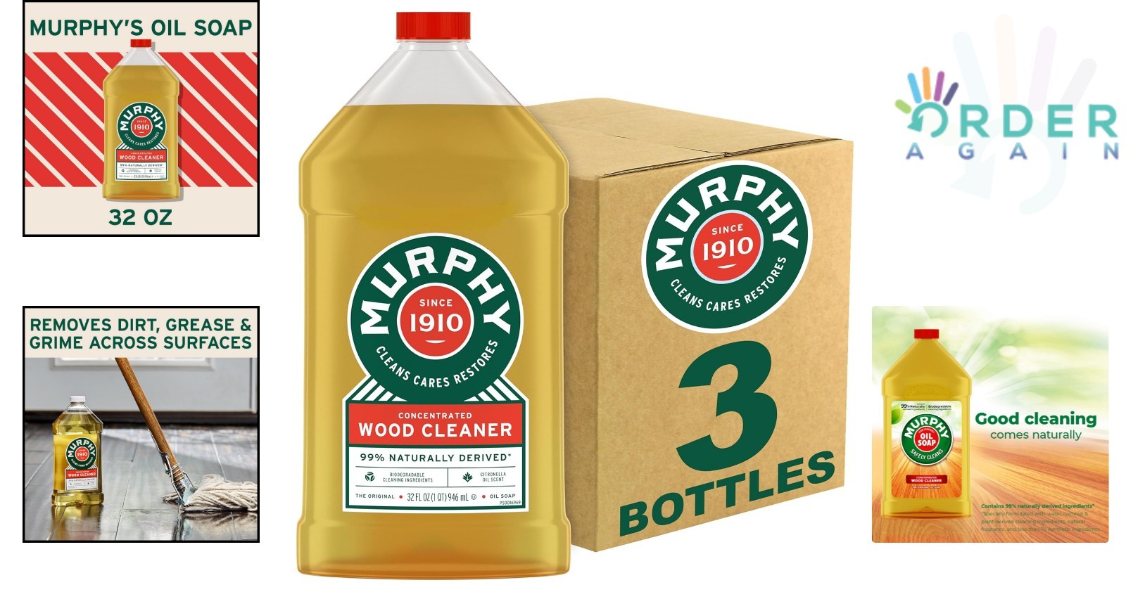 Wood Cleaner Oil Soap Liquid 32oz Triple Pack Biodegradable Natural