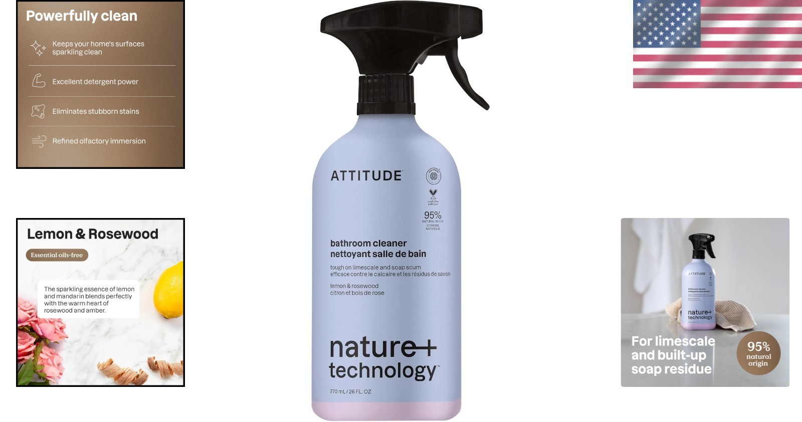 Natural Bathroom Cleaner Spray with Lemon & Rosewood – EWG Verified 26 Fl Oz