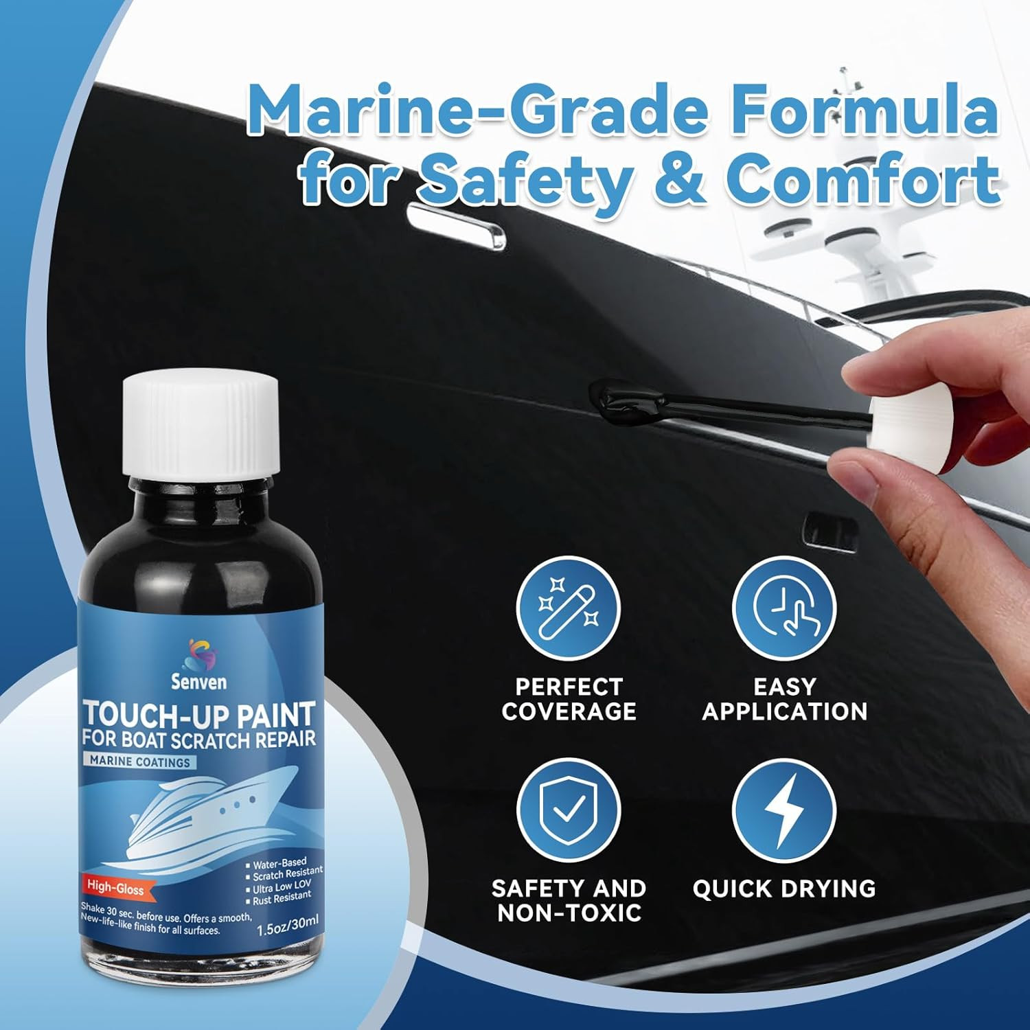 Boat Paint Black Touch up Pen High-Gloss Black Boat Scratch Repair Marine Topsid