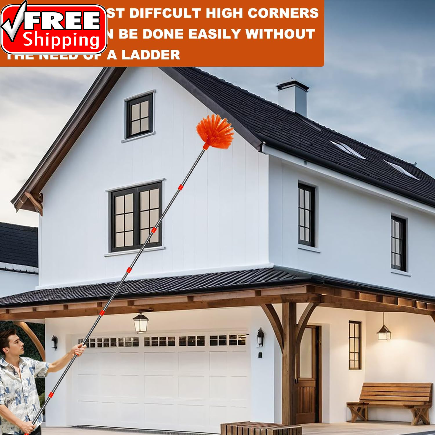 20 Feet High Reach Duster Kit with 2-14 Ft Extension Pole, Cobweb & Corner Brush