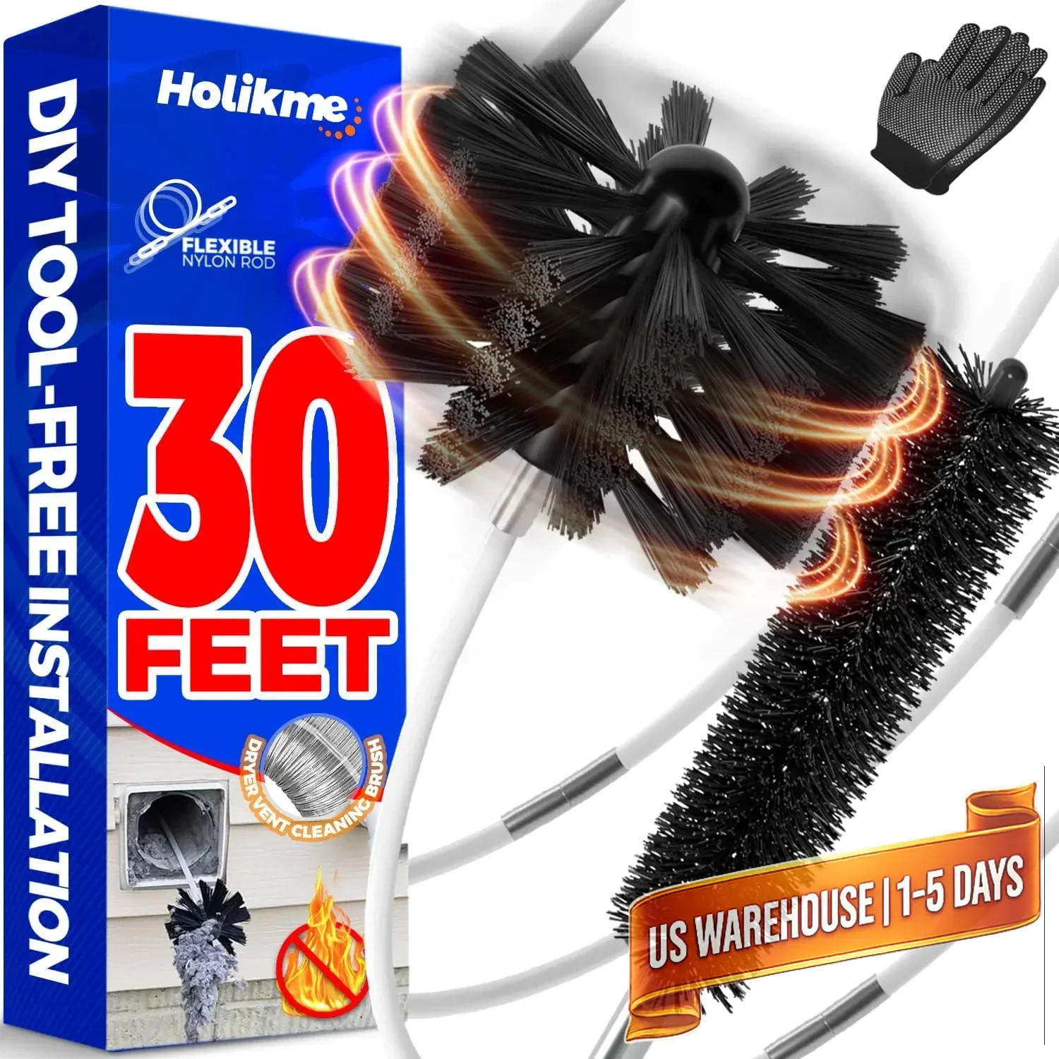 Holikme Dryer Vent Cleaner Kit – 30Ft Fireplace Chimney Brushes Flexible | Dryer