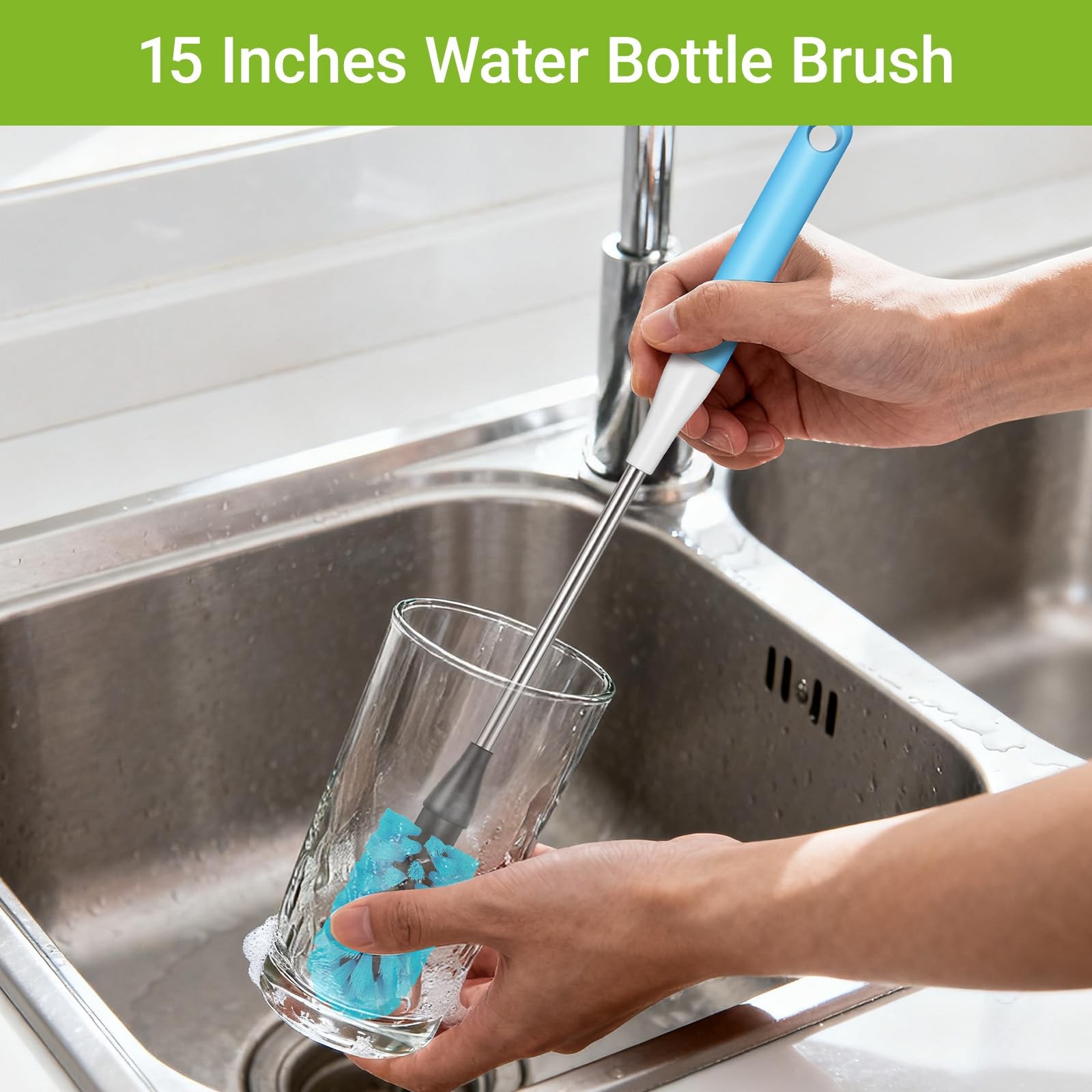 3-in-1 Bottle Brush, 15 Inches Long Handle Kitchen Water Bottle Brush, Stainl…