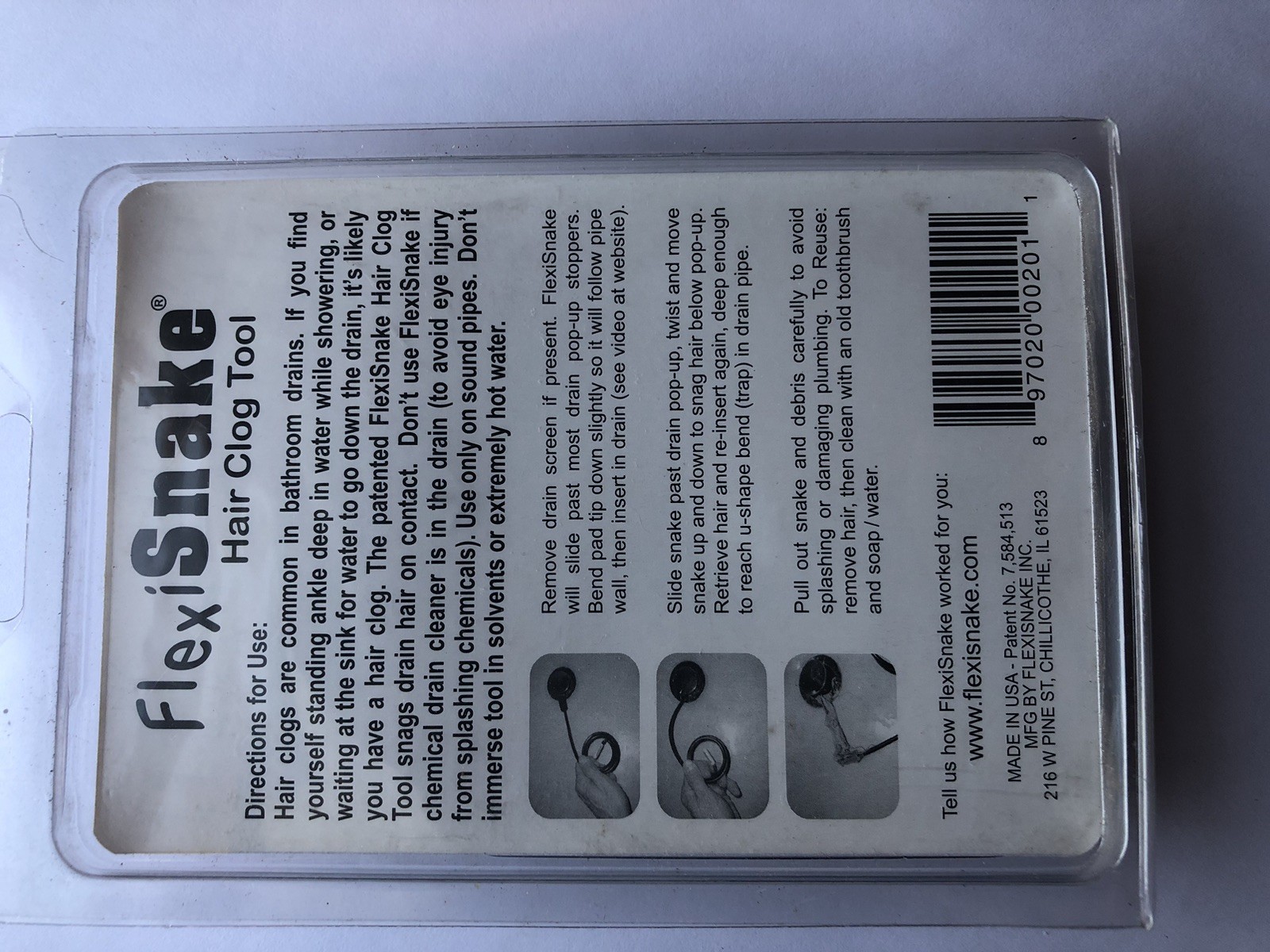 FlexiSnake Drain Hair Clog Tool 1 PAK for Bathroom Drains LARGE SIZE MADE IN USA