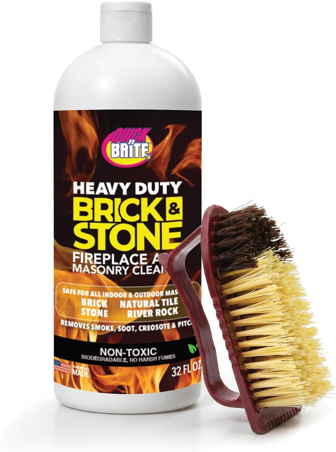Quick’N Brite Fireplace Brick and Stone Cleaner 32Oz with Scrub Brush – Natural