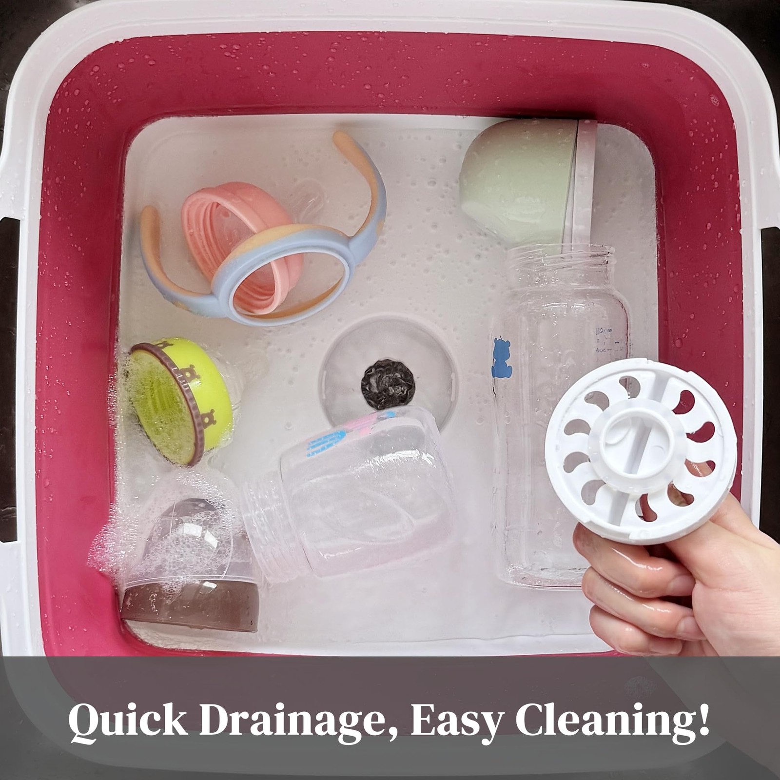 Collapsible Wash Basin 2.4 Gallons Portable Dish Tub for Baby Bottles Magenta