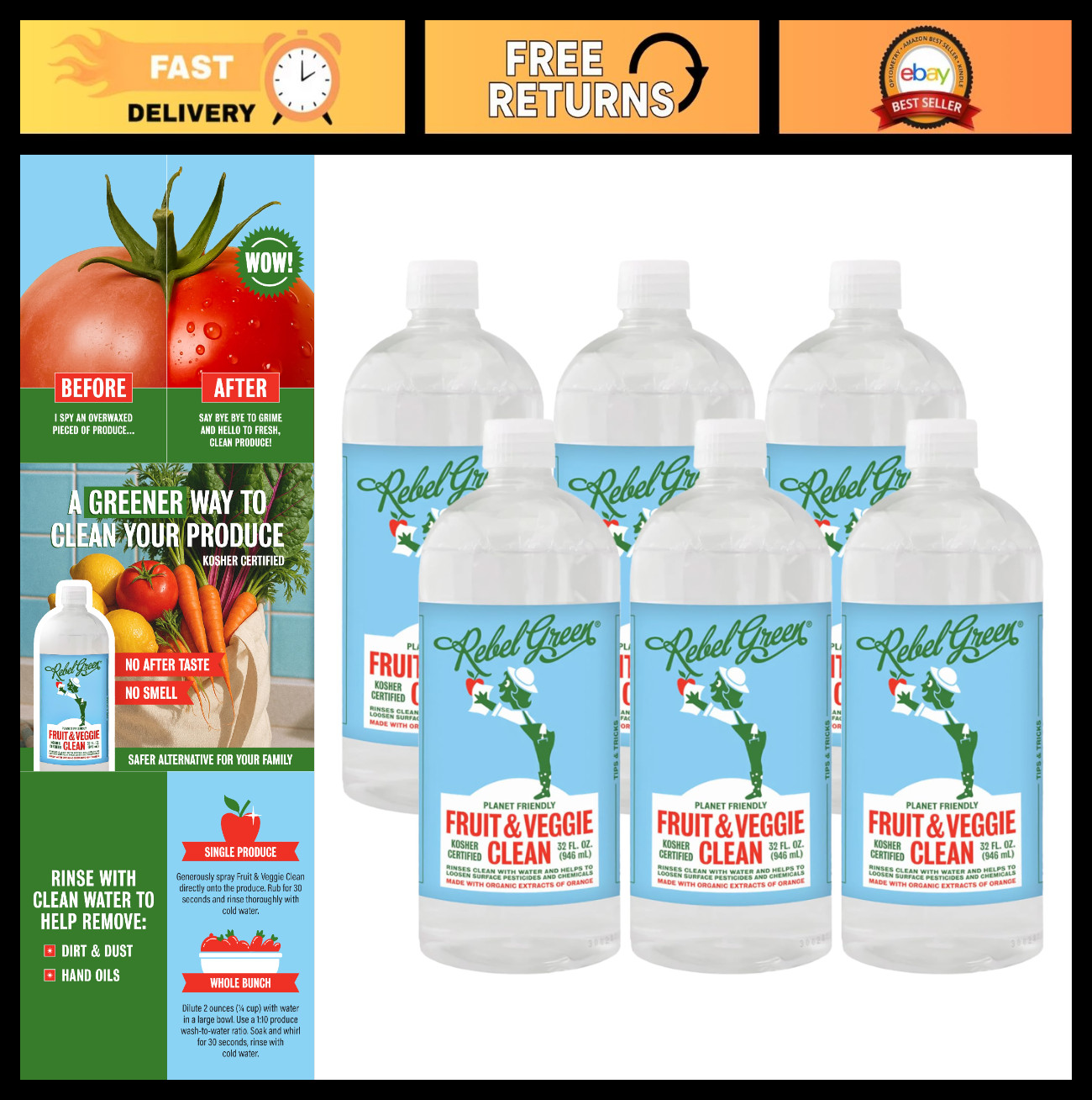 Natural Fruit & Veggie Wash Spray – Plant-Based Produce Cleaner – 34 oz, 6 Pack